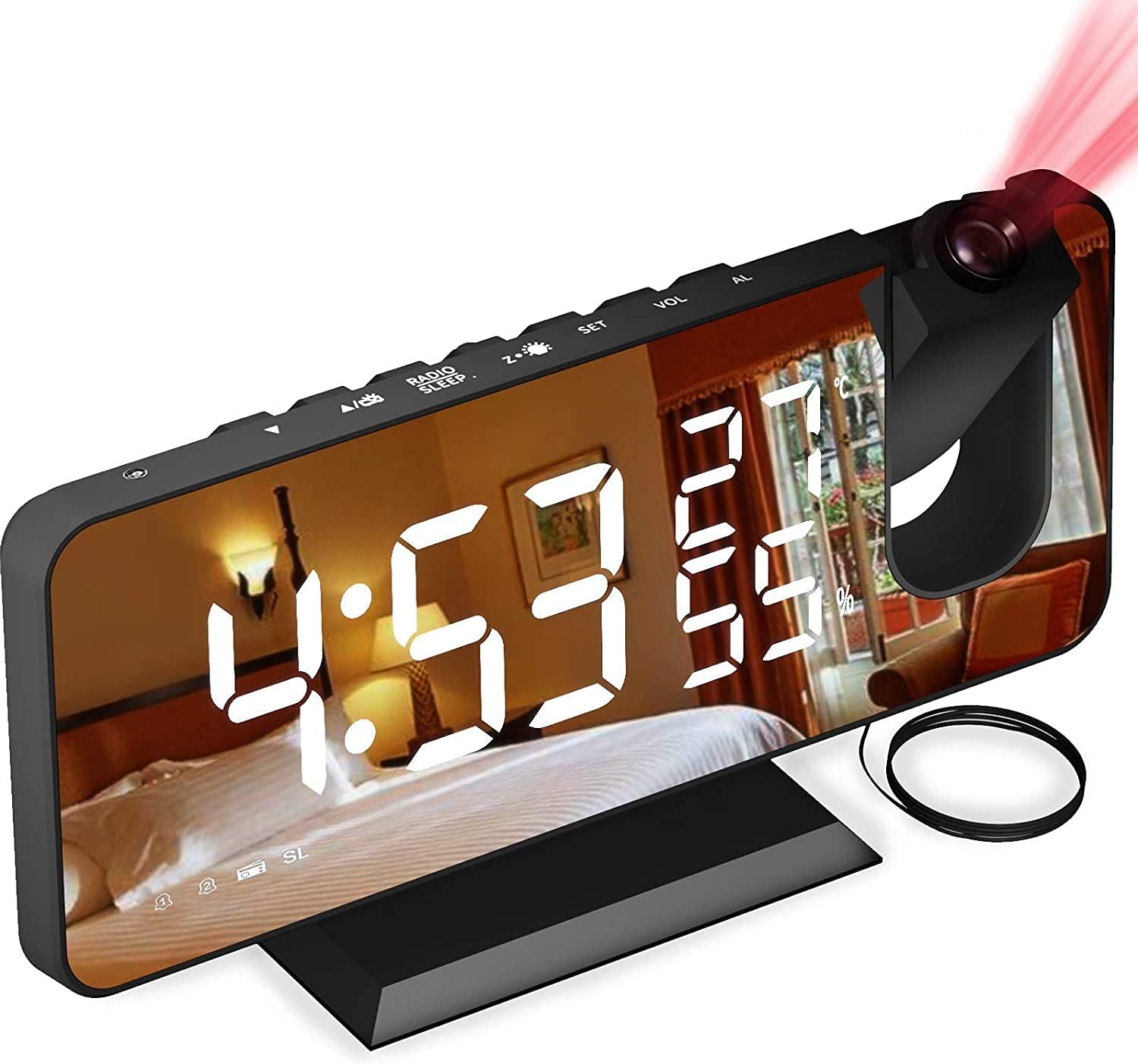 Budzik projekcyjny, budziki nocne z radiem FM, zegar cyfrowy z portem ładowania USB, funkcją drzemki, lustrzanym ekranem z 7 diodami LED