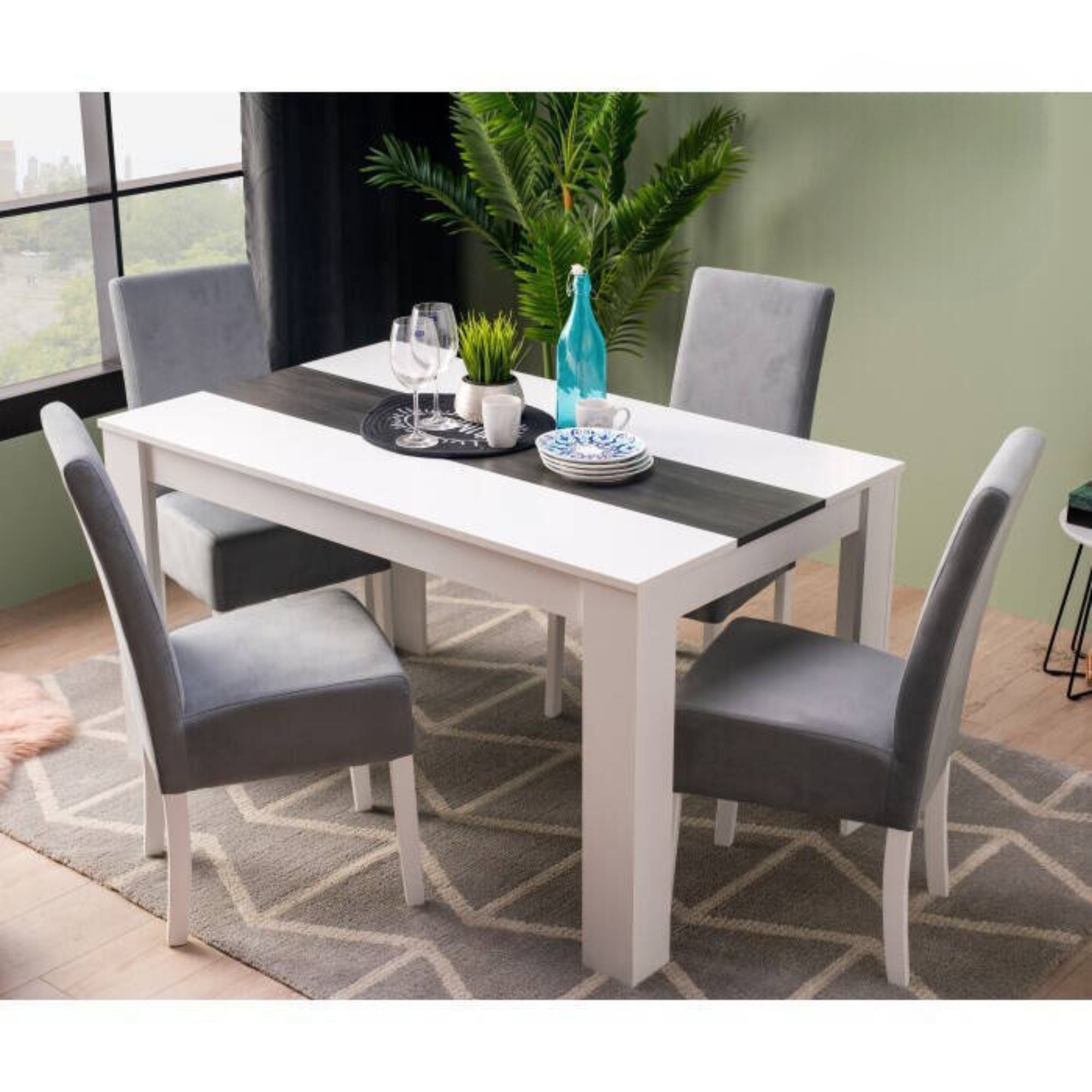 Nowoczesny stół jadalny 135x80x75 cm, czarno-biały blat MDF z białymi nogami – nowoczesny styl