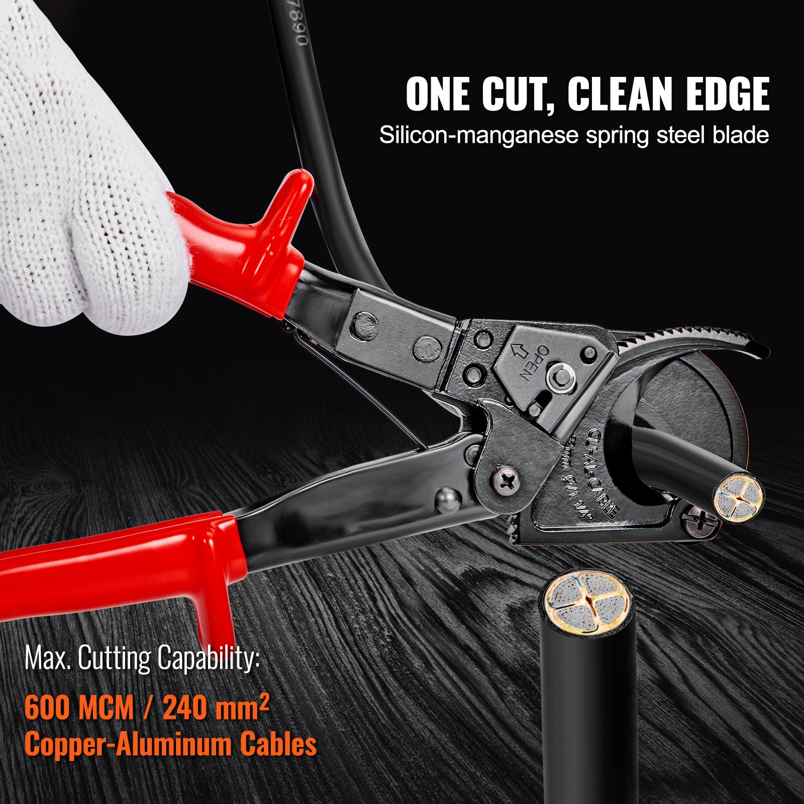 Coupe-câble à cliquet,SucceBuy 25,4 cm,coupe fil de 240 mm²,levier à dégagement rapide,lame en acier à ressort au silicium et au manganèse - 4