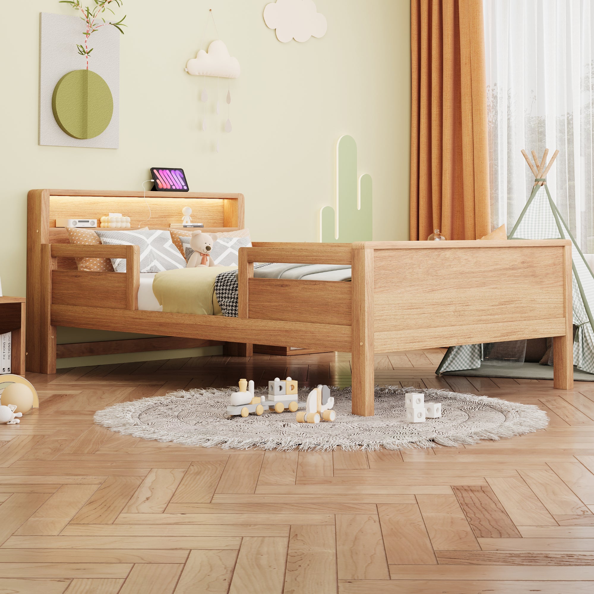 Łóżko dziecięce 90 x 200 cm z zagłówkiem ze schowkiem i barierkami - LED-y, gniazda USB i typu C - Sosna + sklejka + MDF - Naturalne (bez materaca)
