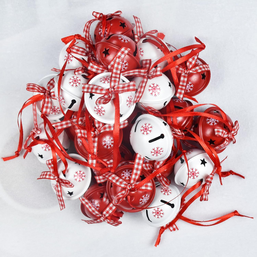 Conjunto de 12 sinos de Natal e guizos, enfeites para árvore de Natal, padrão de floco de neve, pingentes de sino vermelhos e brancos. - 2