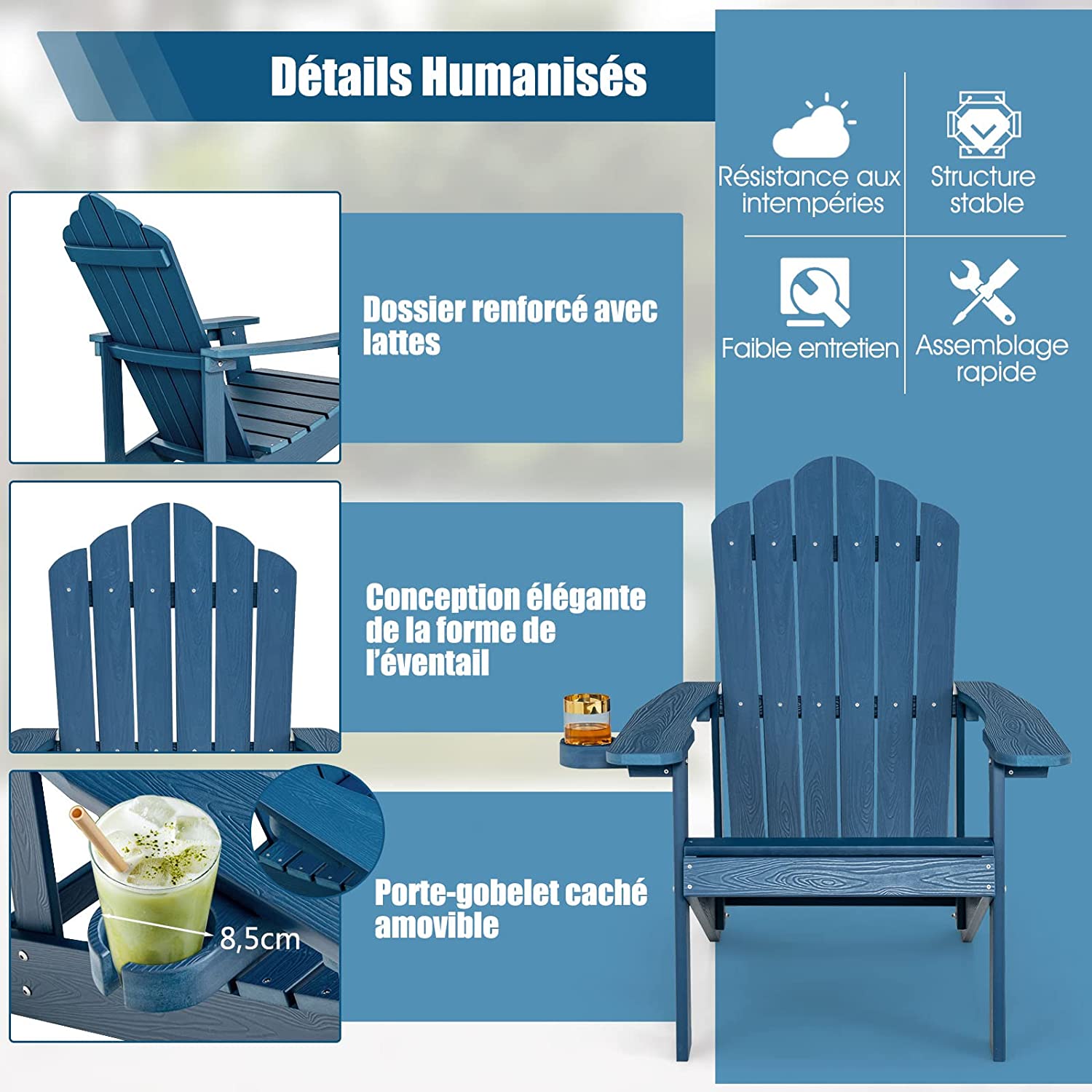 Fauteuil de Jardin Adirondack en HIPS Imperméable avec Porte-Gobelet Charge 170KG, Bleu Marine - 3