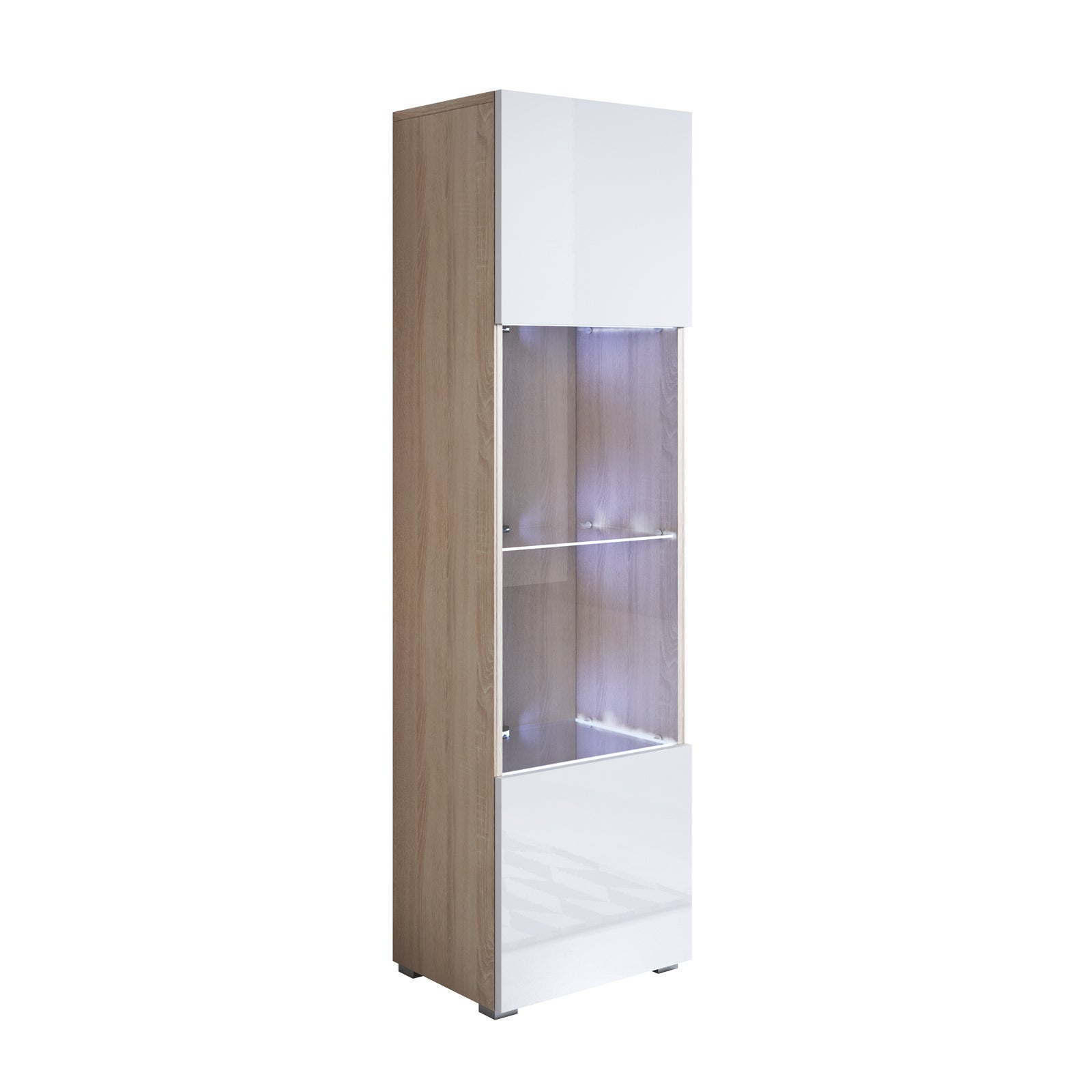 Vitrina con patas 2cm | armario | mueble de salón | vitrina de pared | led | 1 puerta | 40x167x29cm | modelo luke v6 | sonoma mate y blanco brillo