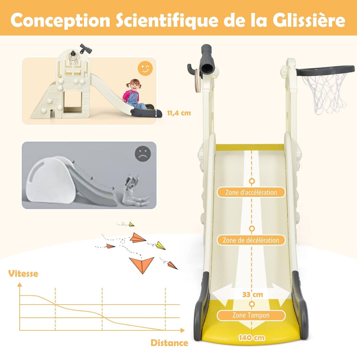 Toboggan 6 en 1 pour Enfant - Glisse de 140 CM,Aire de Jeux Extérieure 3-8 Ans, Jaune - 3