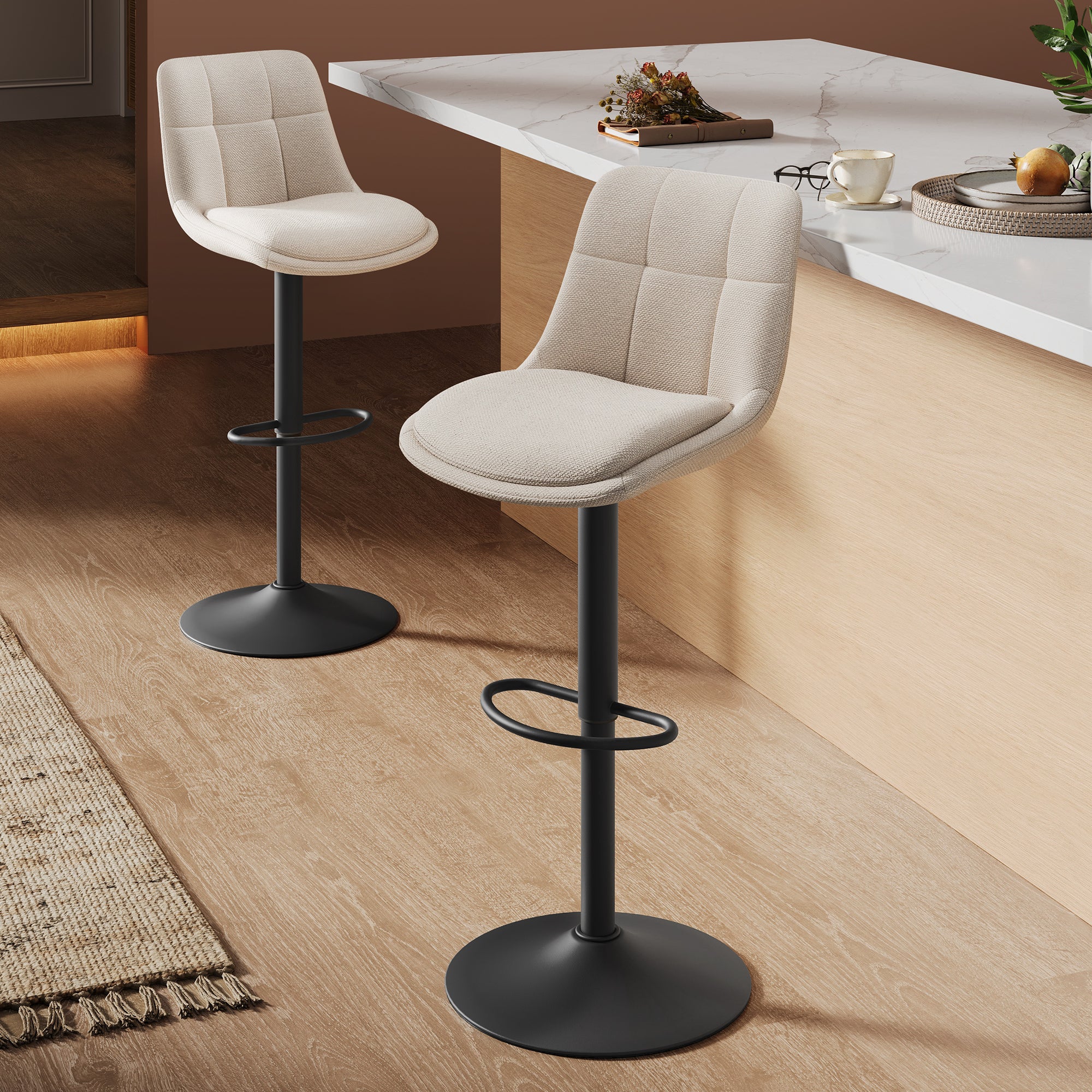 Tabourets de Bar, Lot de 2, Siège Pivotant à Hauteur Réglable, avec Dossier et Repose-Pieds, Salle à Manger, Comptoir, Acier, Blanc Crème - 2