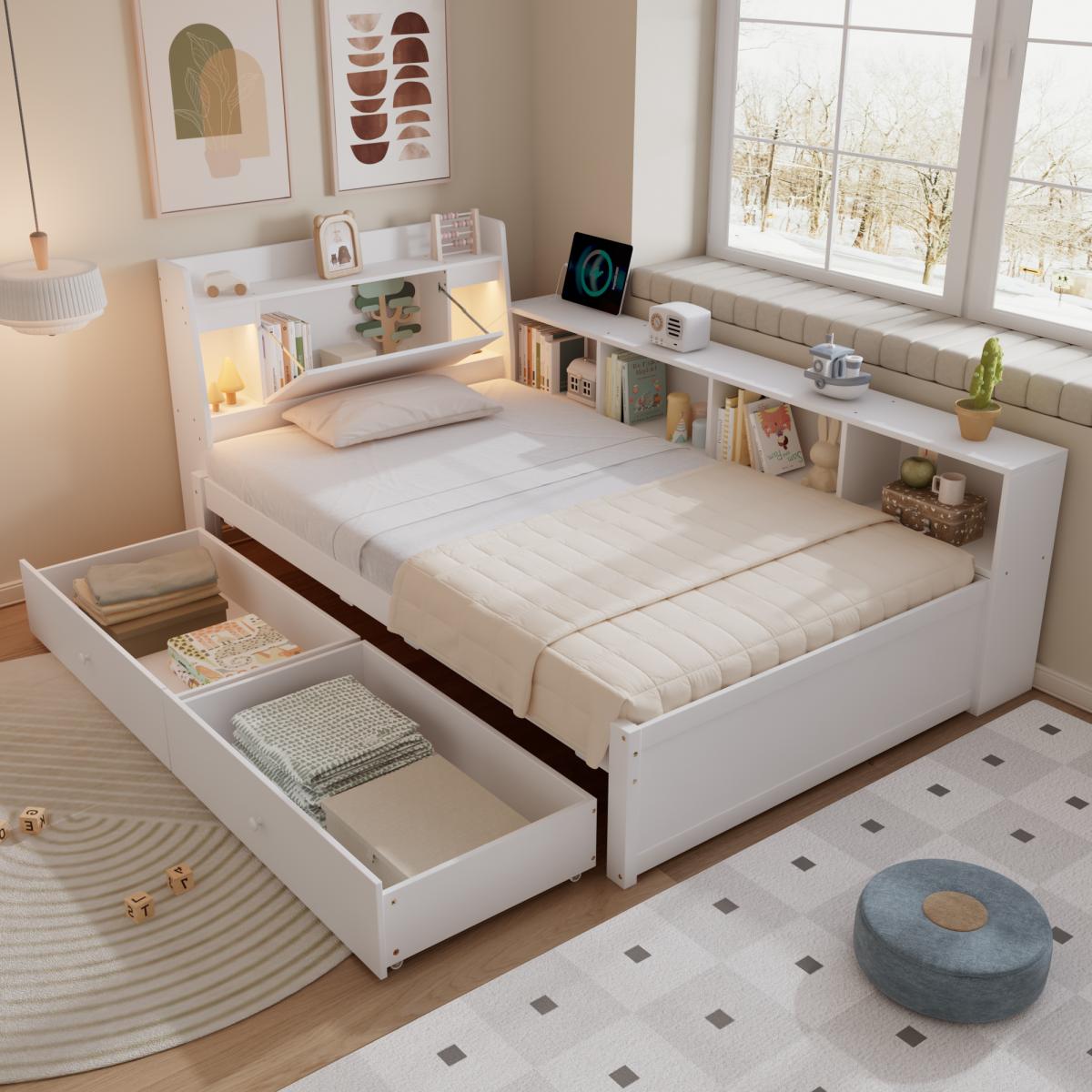 Letto singolo moderno 90x200 cm con testata con ripiani, lampade