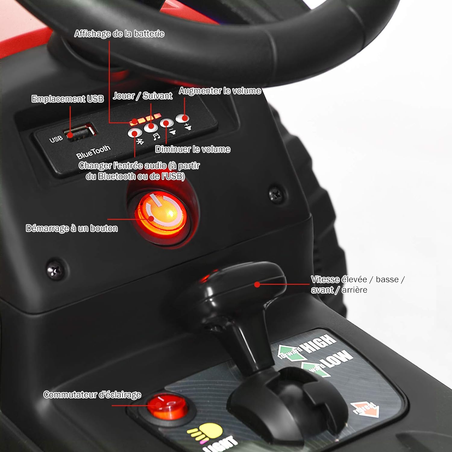 Trattore con Rimorchio Cavalcabile per Bambini 12V, Trattore Elettrico Telecomandato, con Luci e Suoni, 30kg, 3+ Anni (Rosso) - 4