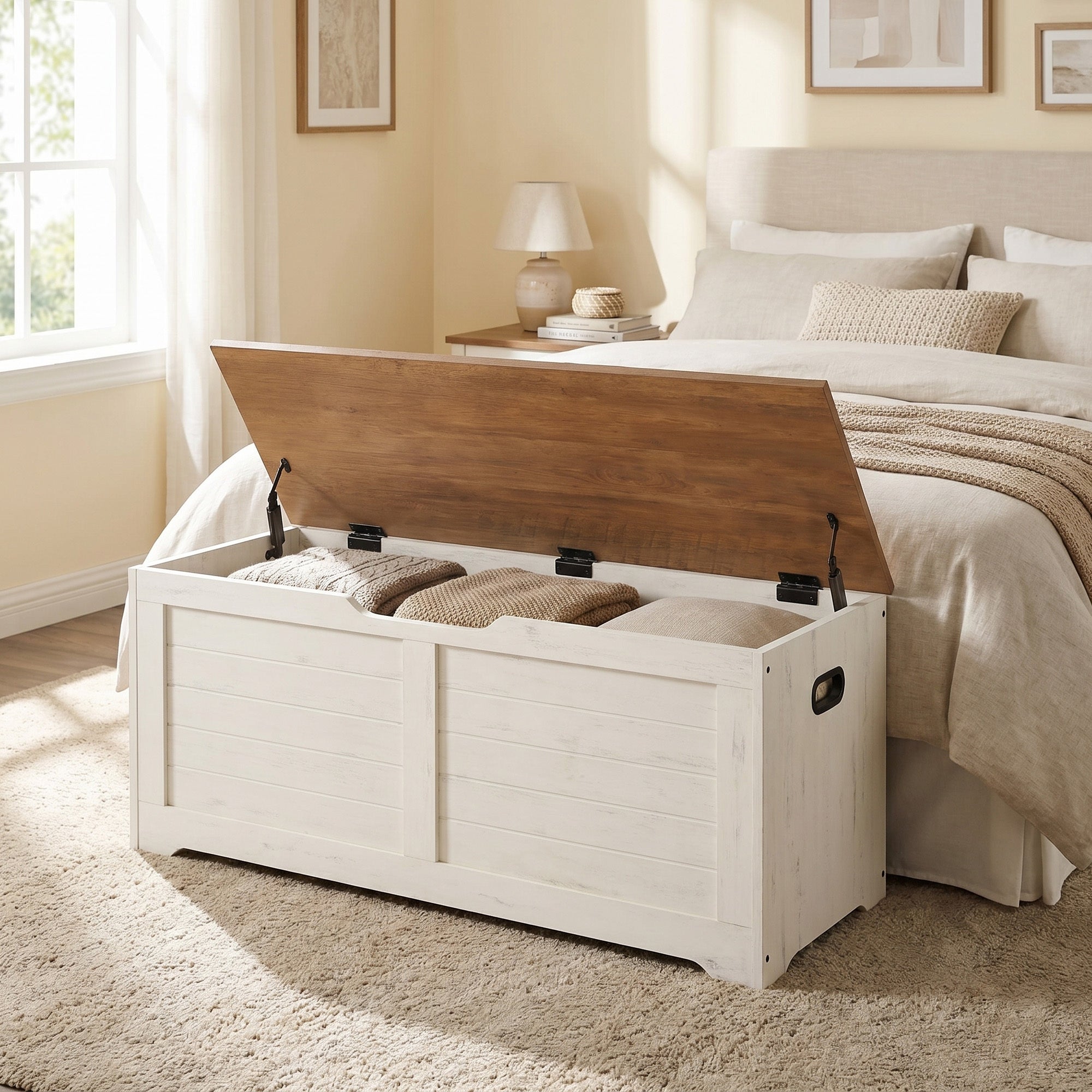 Coffre de Rangement, Banc à Chaussures avec Charnières de Sécurité, pour Salon, Entrée, Chambre, Blanc et Marron - 3