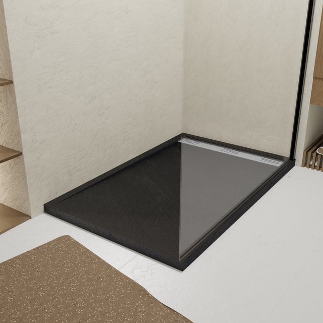 Receveur en acrylique Noir Effet Pierre 80x120x4 cm - Grille Linéaire Chrome - METEORA