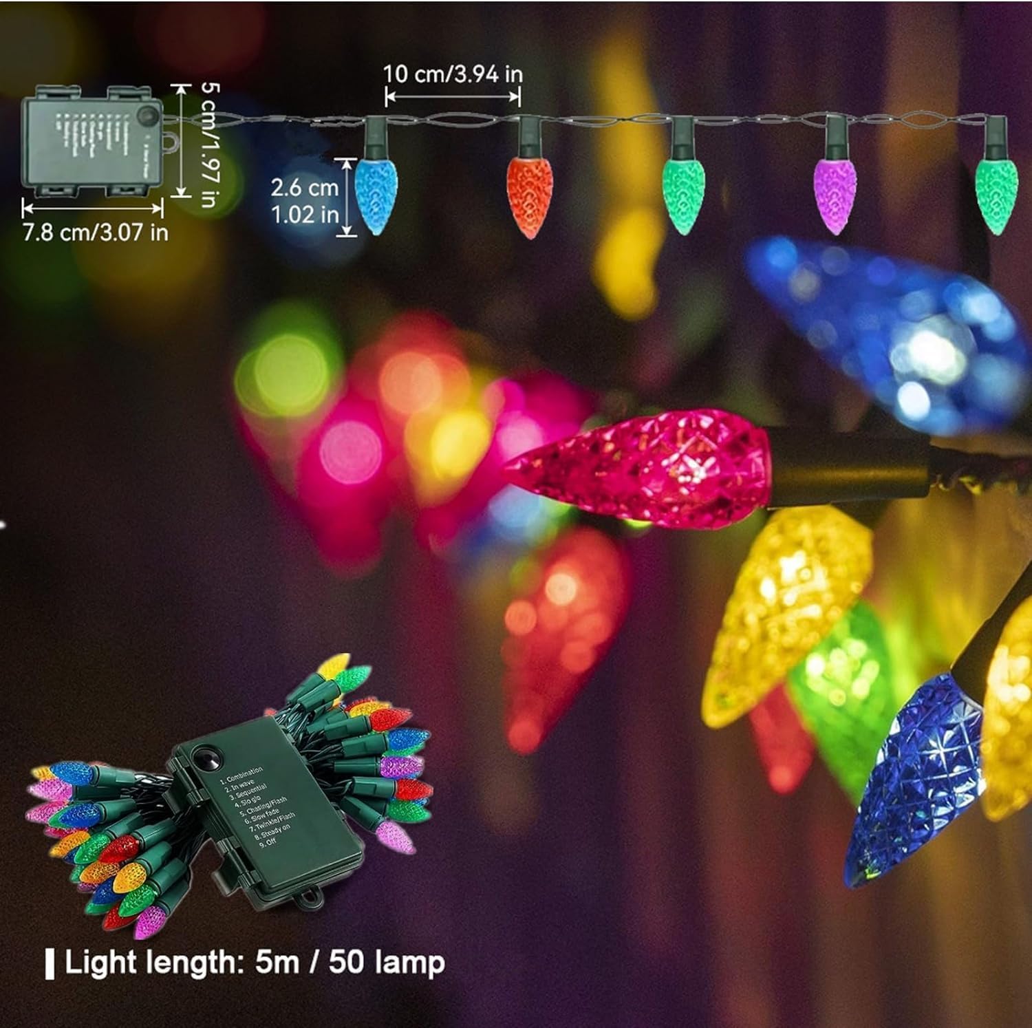 Lampki choinkowe LED zasilane bateryjnie, dekoracja do wewnątrz i na zewnątrz, 50 diod LED - 3