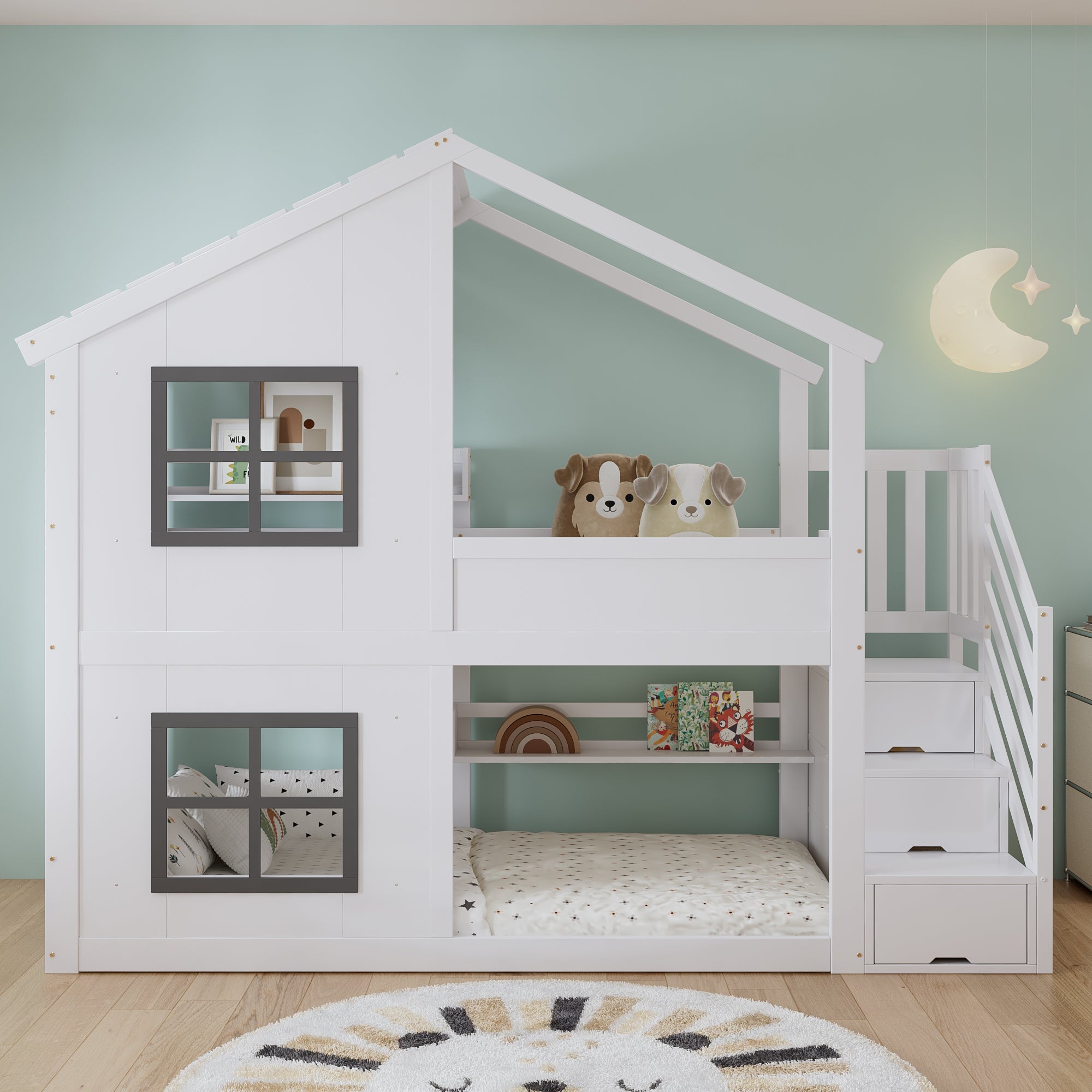 Łóżka piętrowe 2 x 90 x 200 cm z 4 oknami i dachem - Sosna + MDF + sklejka - dla dzieci - Białe (bez materaca)