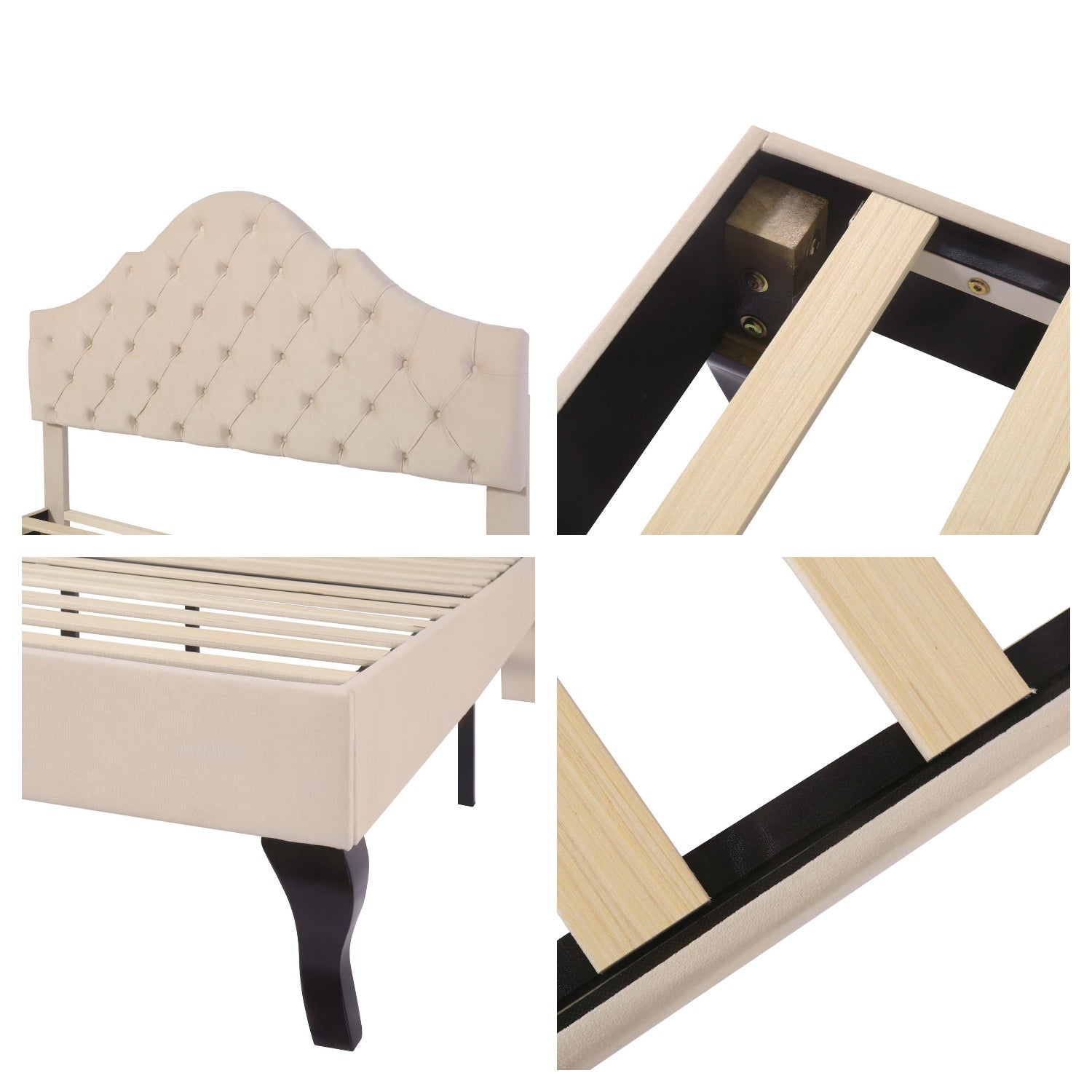 Cama tapizada 140x190cm en terciopelo con cabecero regulable + somier - Beige - 4