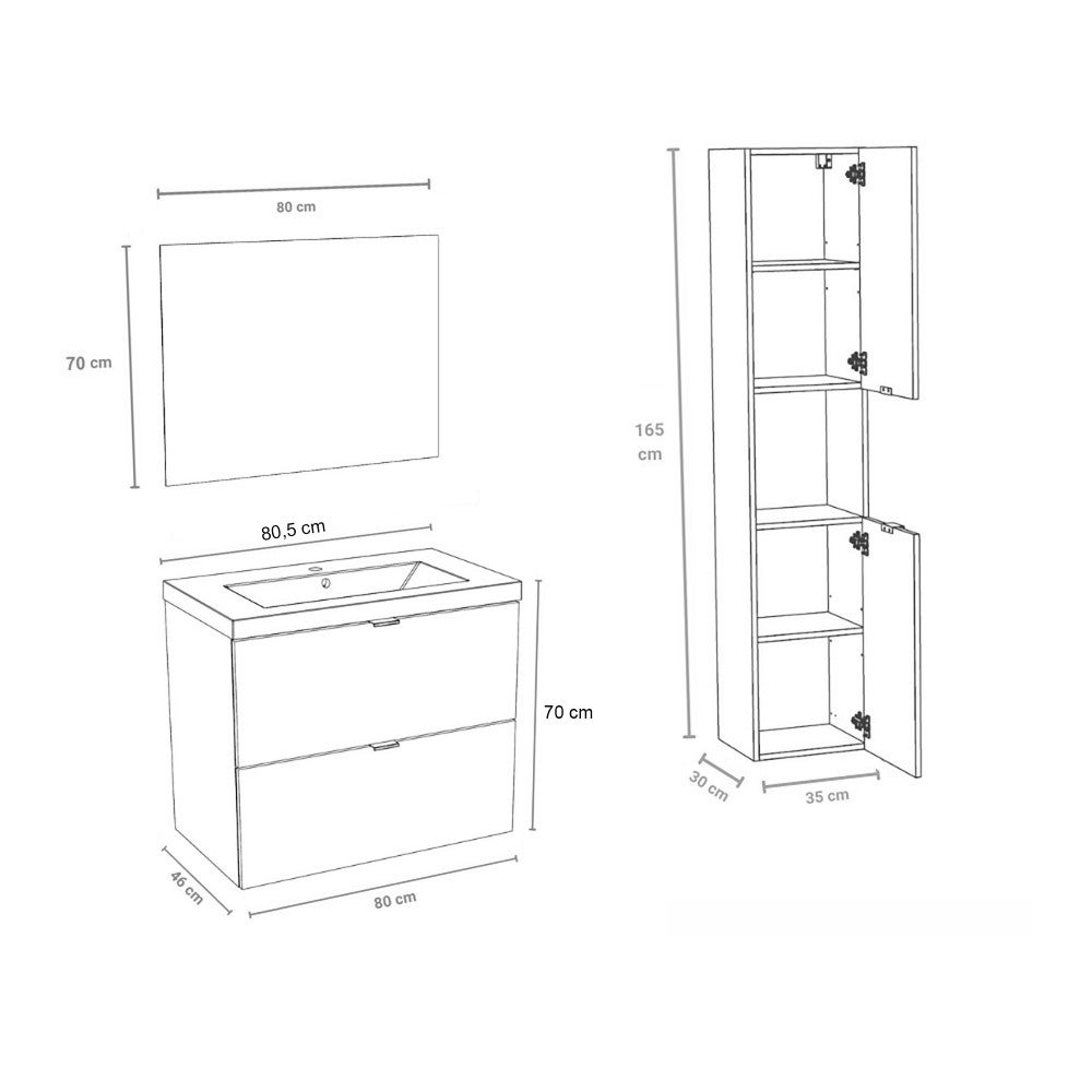 Meuble sous vasque MALAGA 80 cm + vasque + miroir + colonne / Décor Chêne blanchi - 3