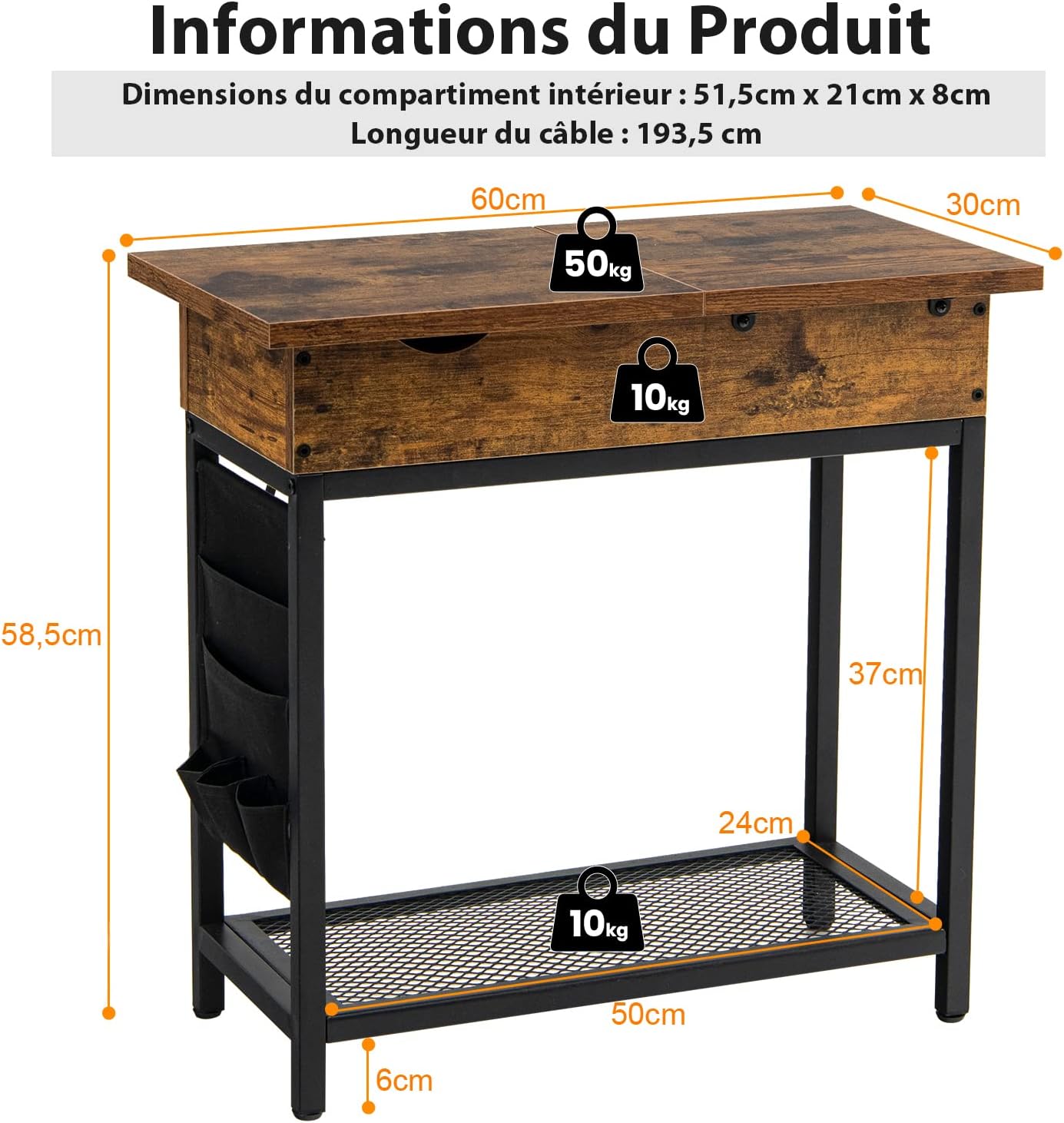 Tavolino Salotto con Porte USB e Prese di Corrente, Tavolino Alto e Moderno con Piano Ribaltabile, Tavolino da Divano e da Letto per Soggiorno - 5