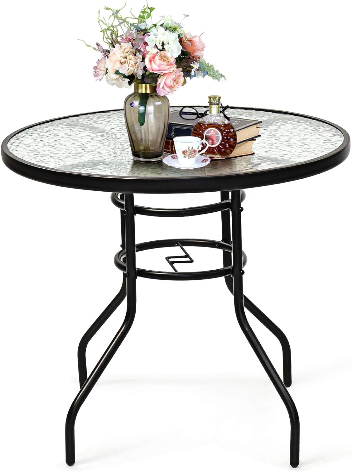 Table de Jardin Ronde D80xH71CM-Plateau en Verre Trempé à Eau avec Trou ...