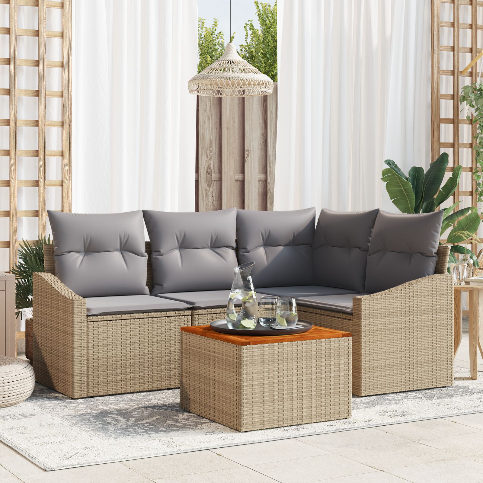 Canapé De Jardin 5 Places En Poly Rotin Beige - Set Avec Coussins, Modulaire Et Rangements - Pour Terrasse Ou Balcon