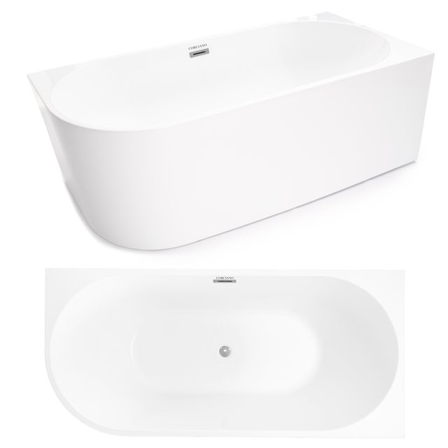 Wanna wolnostojąca przyścienna NAROŻNA CRETE PRAWA 170 x 80 cm biała system przelewowy AKCESORIA SREBRNE (KOREK I PRZELEW)
