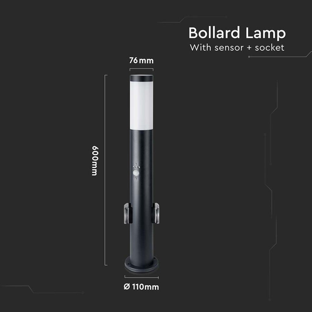 Lampe de jardin LED 60cm avec douille E27, 2 prises Schuko et détecteur de mouvement (max 60W) Acier inoxydable Noir IP44 - 2