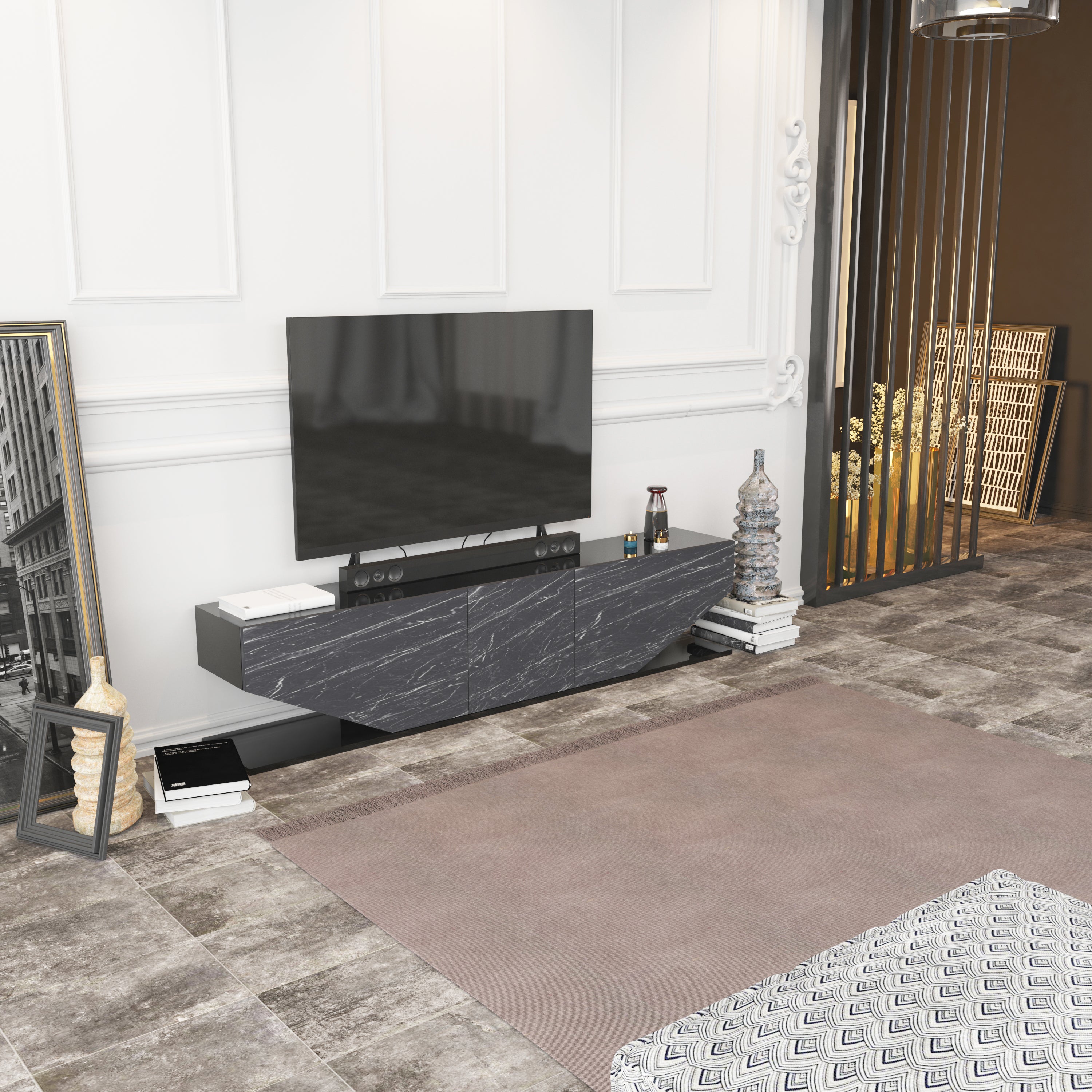 Meuble TV Pearl de 180 cm avec des armoires en style ailes (effet marbre noir) - 6