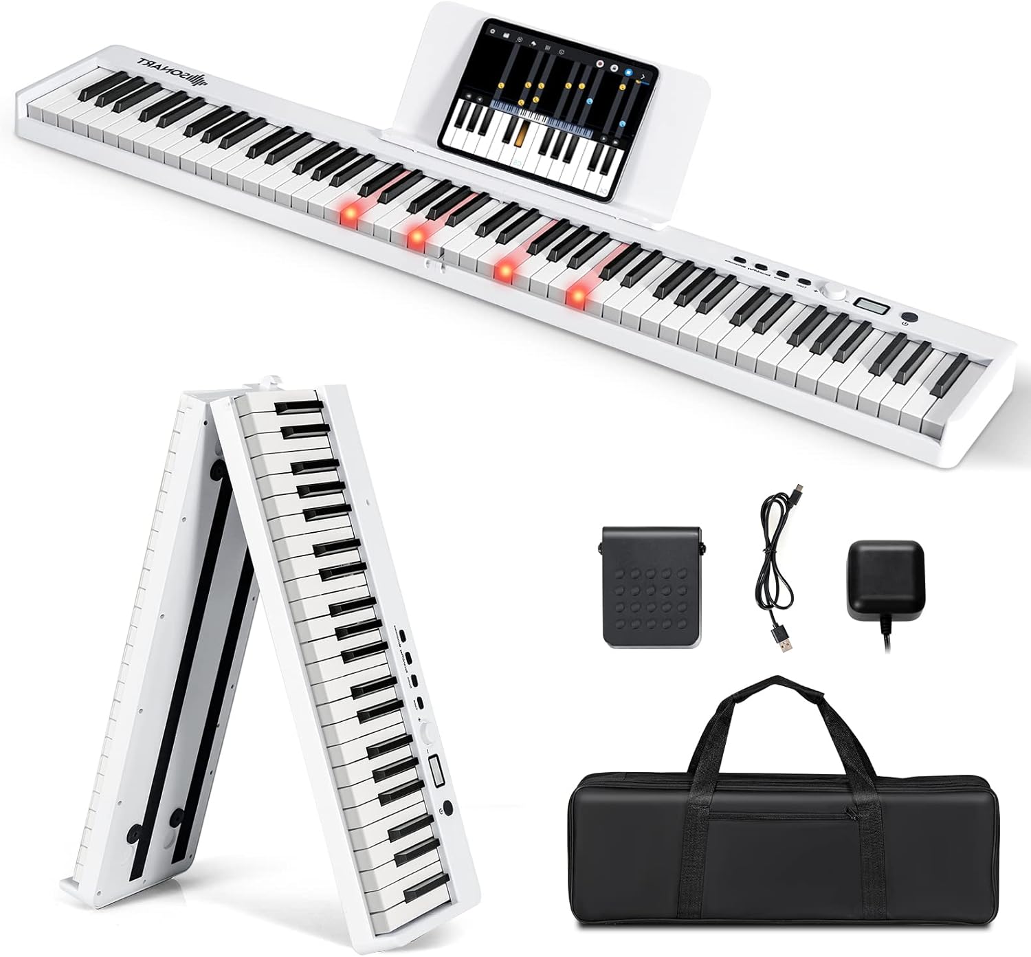 Cyfrowe Pianino z 88 Podświetlanymi Klawiszami i Przyciskiem Sustain, Składana Klawiatura, Podwójna Klawiatura (Biała)