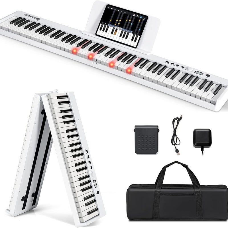 Cyfrowe Pianino z 88 Podświetlanymi Klawiszami i Przyciskiem Sustain, Składana Klawiatura, Podwójna Klawiatura (Biała)