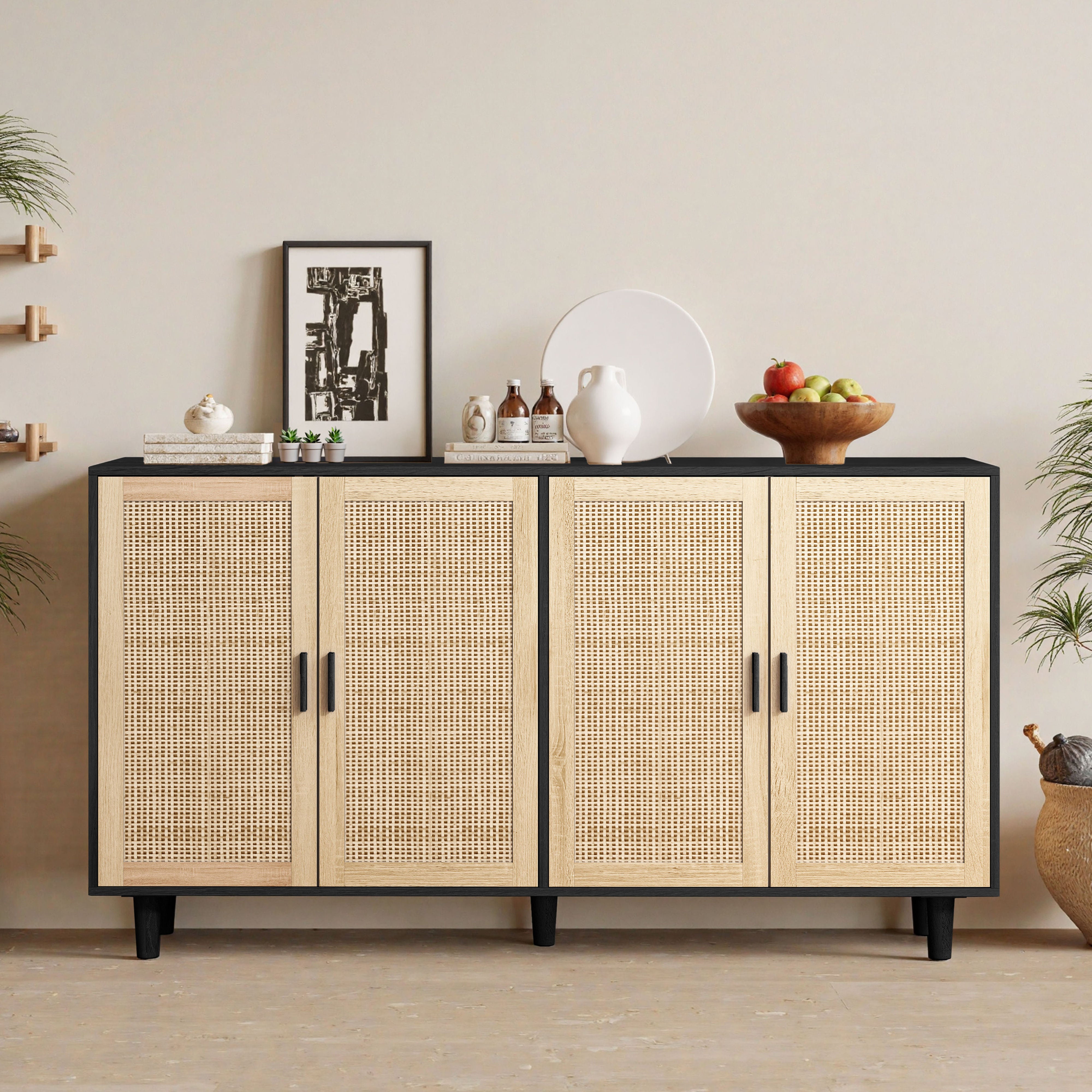 DAWNYIELD Mobile Portaoggetti in Rattan, Credenza in Legno con 3 Ante, Buffet in Rattan, Mobile in Legno Chiaro per Soggiorno, Cucina e Sala da Pranzo, 117 x 37.5 x 75 cm