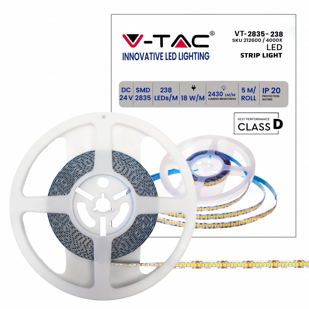 Taśma LED SMD2835 18W/m 5m 238 LED/m 135LM/W 24V 4000K IP20 10mm