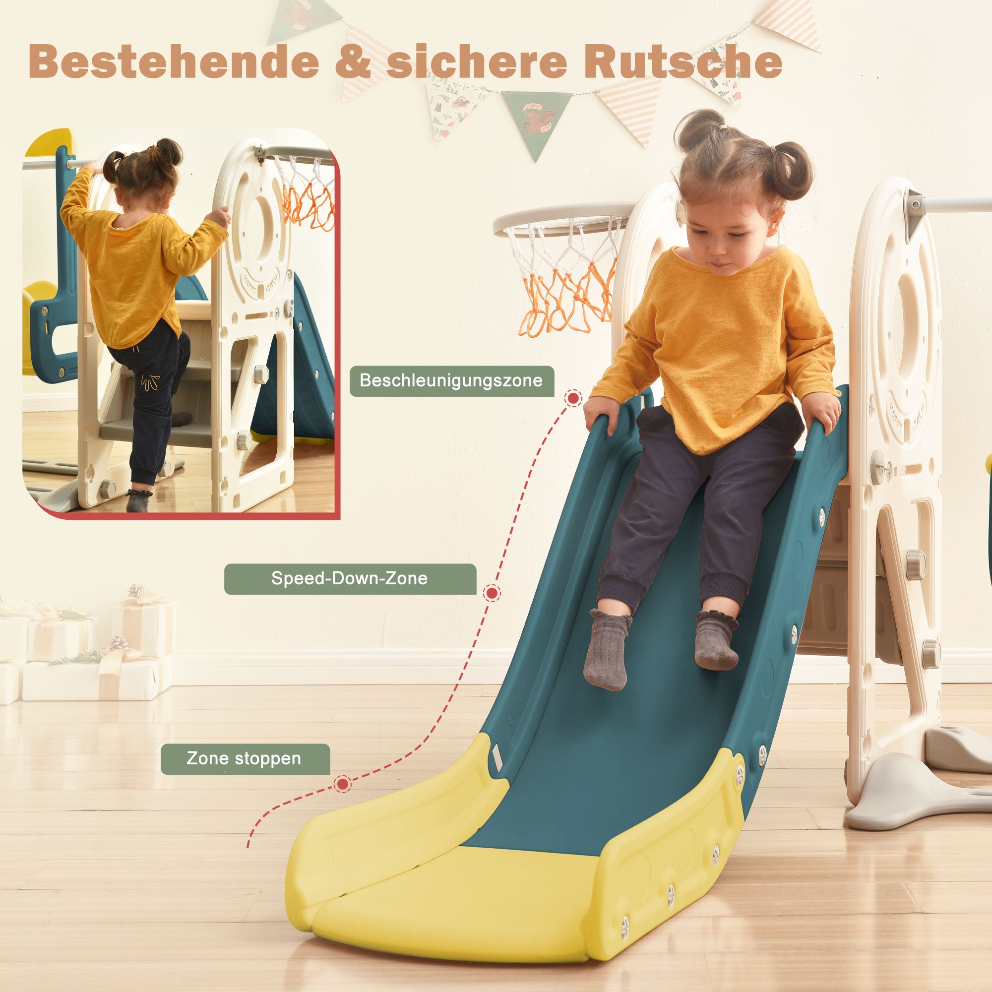 AIYAPLAY Toboggan et balançoire pour Enfants 4 en 1, Aire de Jeux Tout-Petits avec Escalade, Panier de Basket, Toboggan, balançoire, Motif Lapin, pour l' intérieur et l'extérieur, 1,5 à 4 Ans, Rose