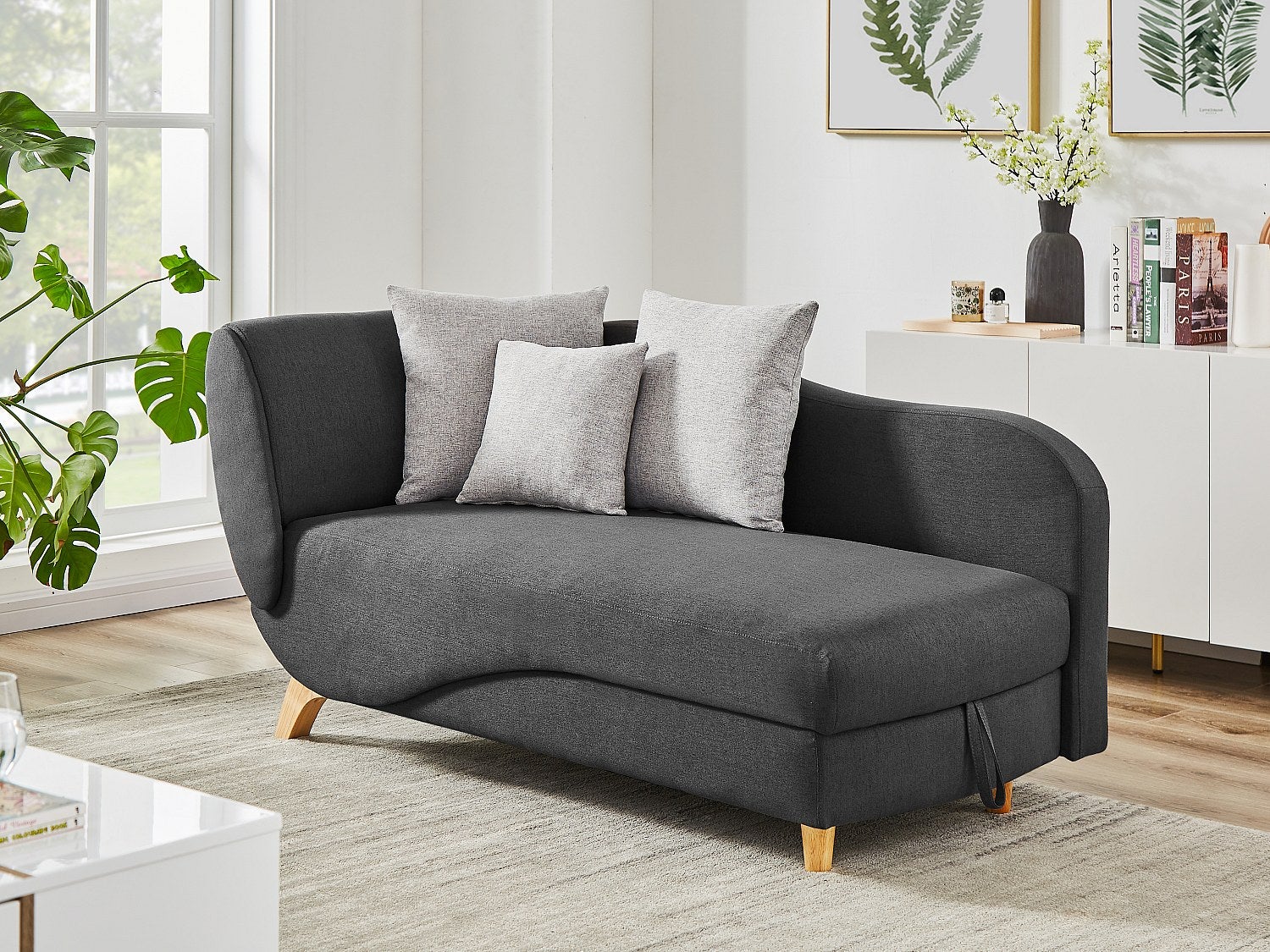 Méridienne droite convertible en tissu anthracite avec coffre de ...