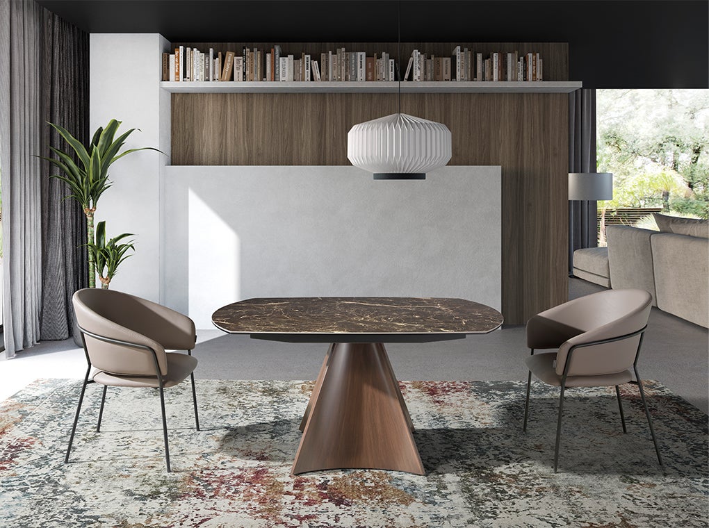 Table à manger à rallonge baril ovale marbre porcelaine et acier effet noyer Ø135 x 90 x 75 cm - 3