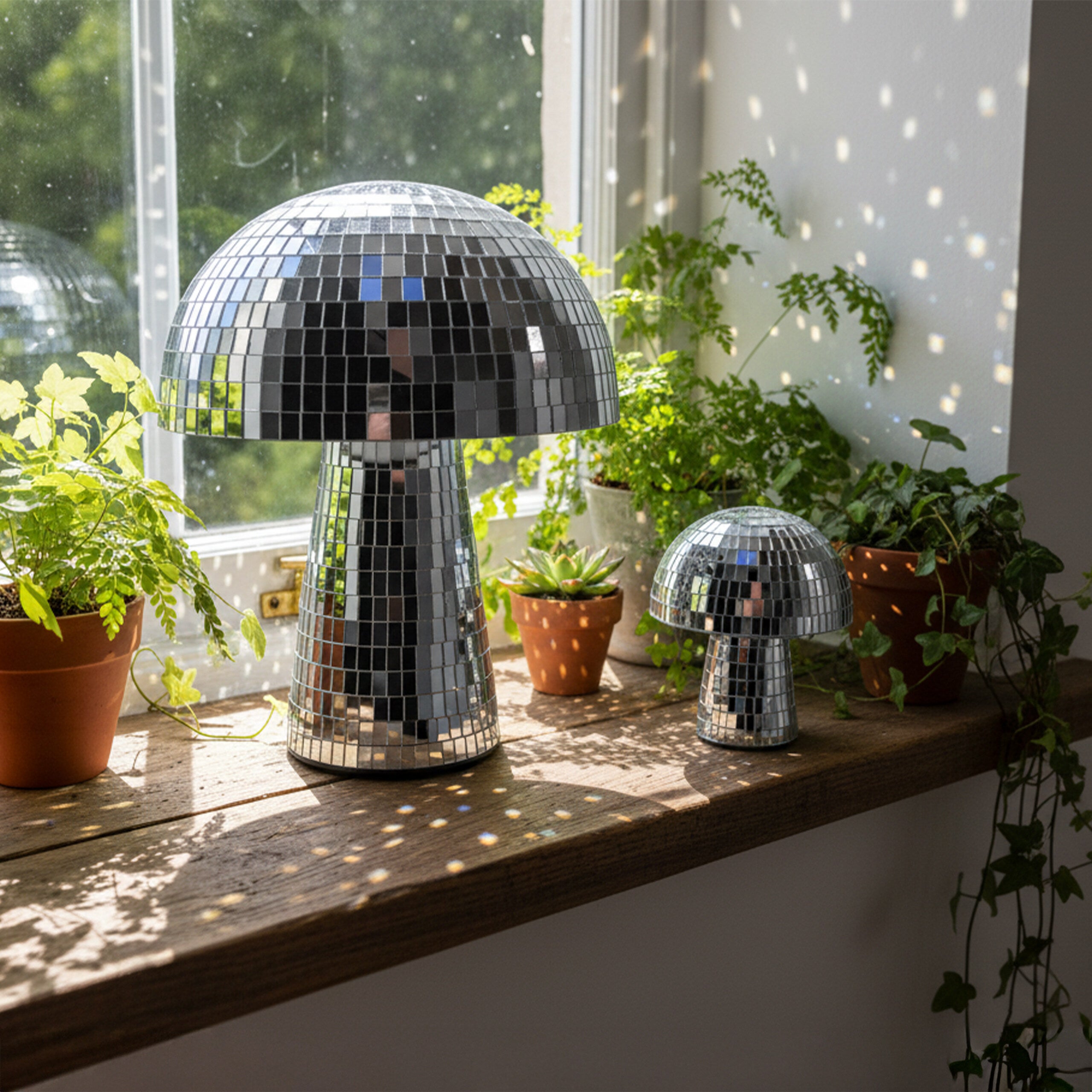 Lot de 2 champignons disco décoratifs en verre miroir, 2 tailles, pailletés pour déco de fête, argentés, Relaxdays - 3