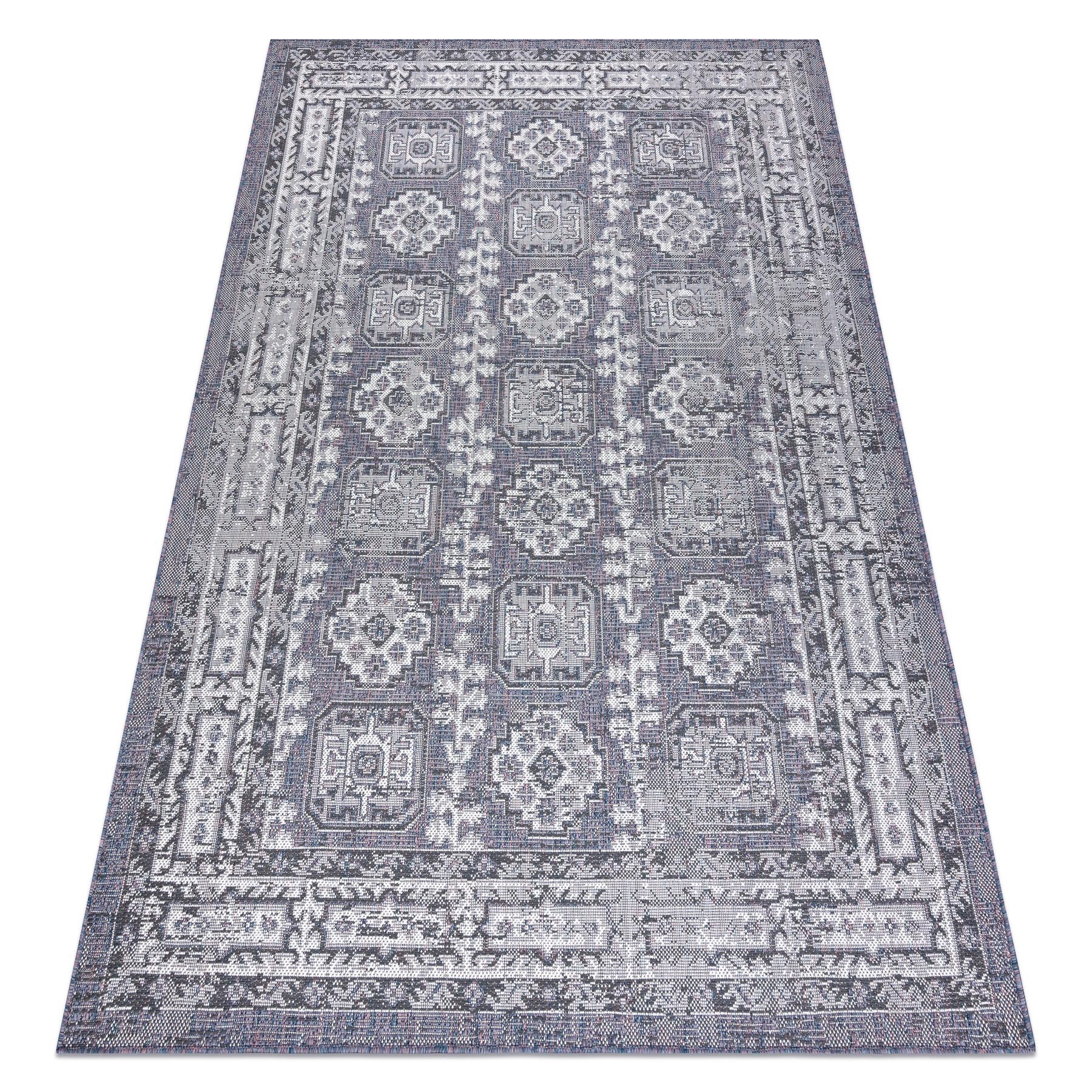 Dywan SZNURKOWY SIZAL SION Ramka, ornament, przecierany 2832 płaskie tkanie niebieski / róż / ecru 80x150 cm