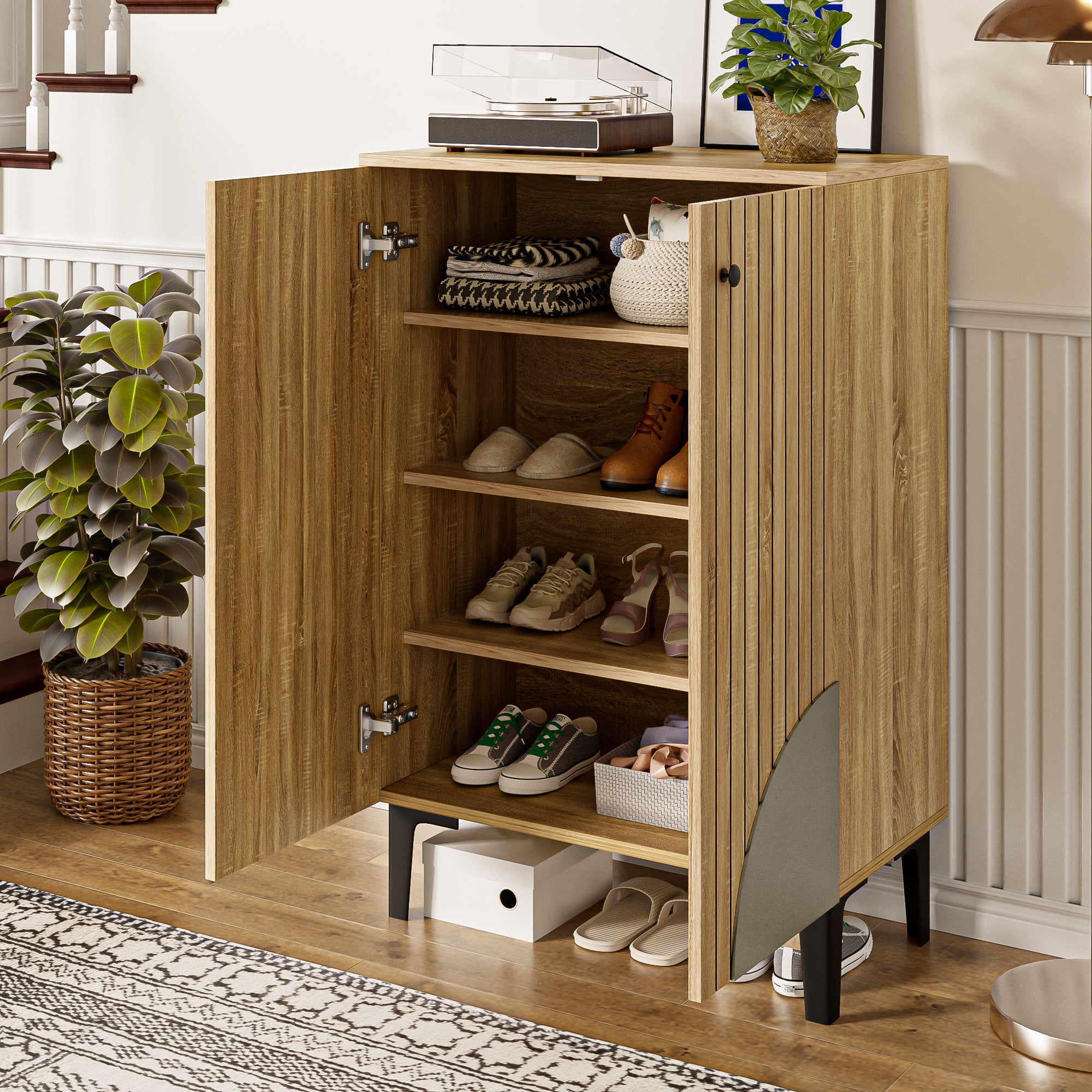 Meuble à chaussures avec 2 portes et 4 étagères - 60 x 32 x 94 mc - MDF et panneaux de particules - Naturel - 4