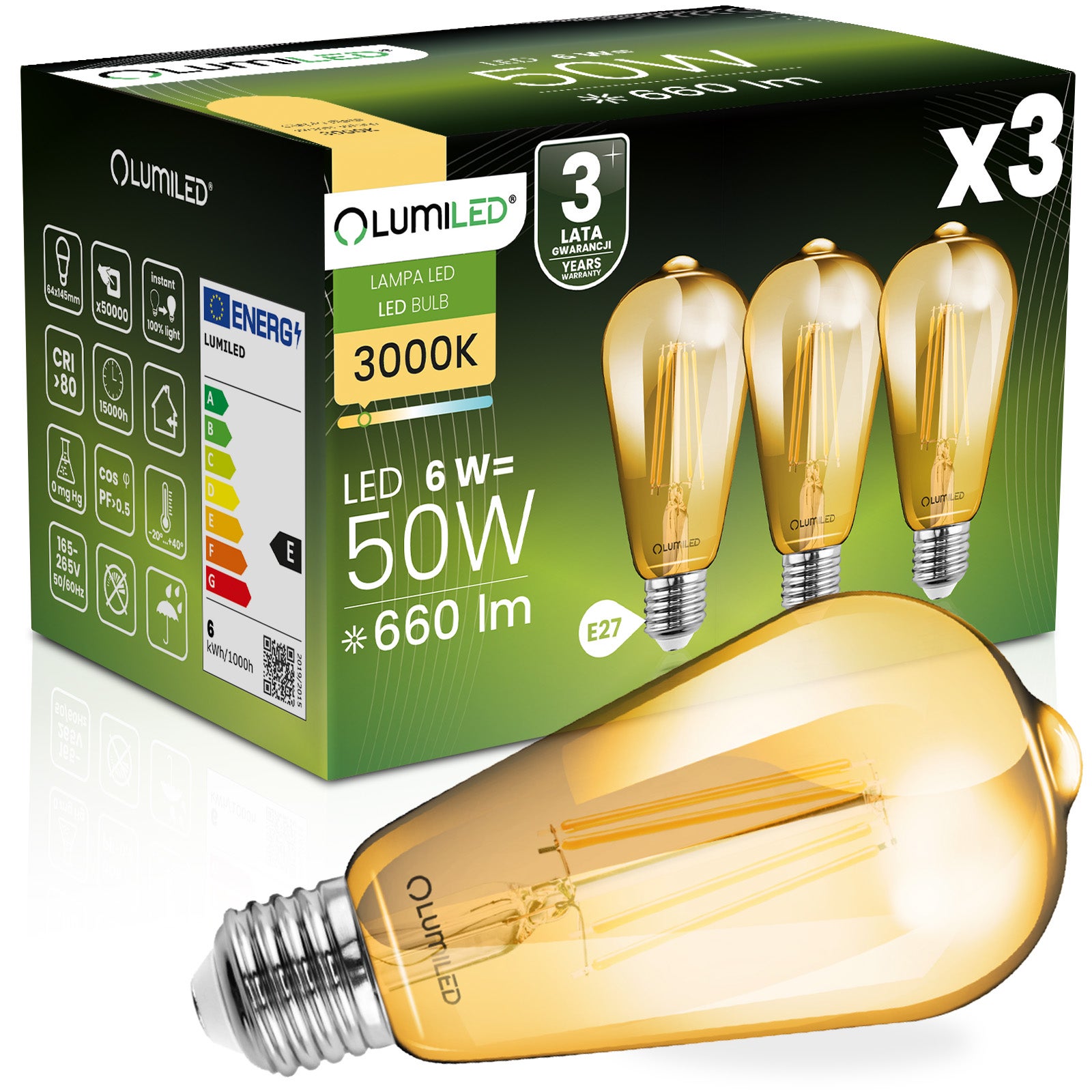 Żarówka LED Lumiled E27 ST64 6W 660lm 2000K Ciepła biel 360st Amber ...