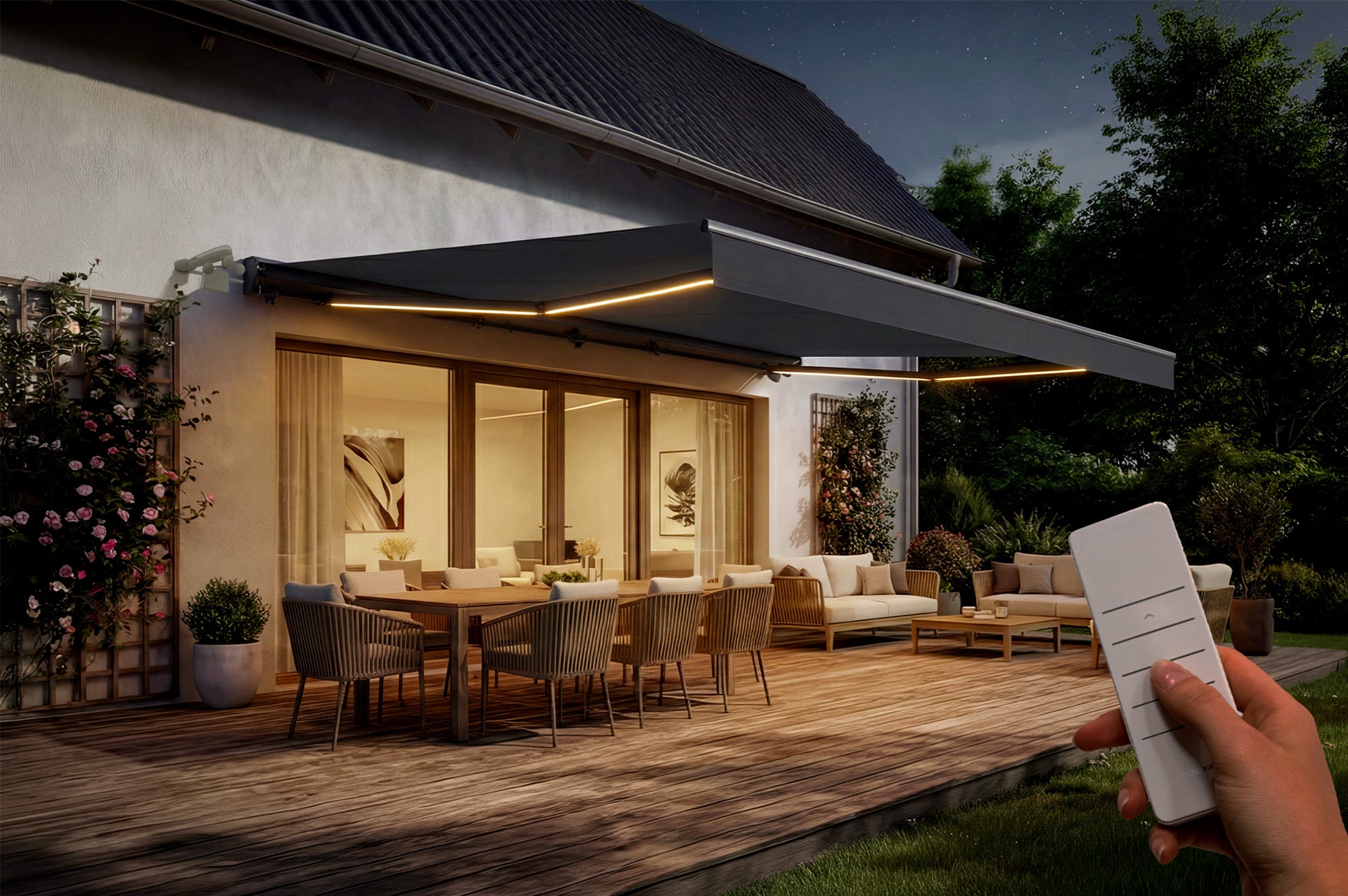 Markiza LED FAZZIO 5x3m półkasetowa z napędem silnikowym, szara, tkanina w kolorze szarym