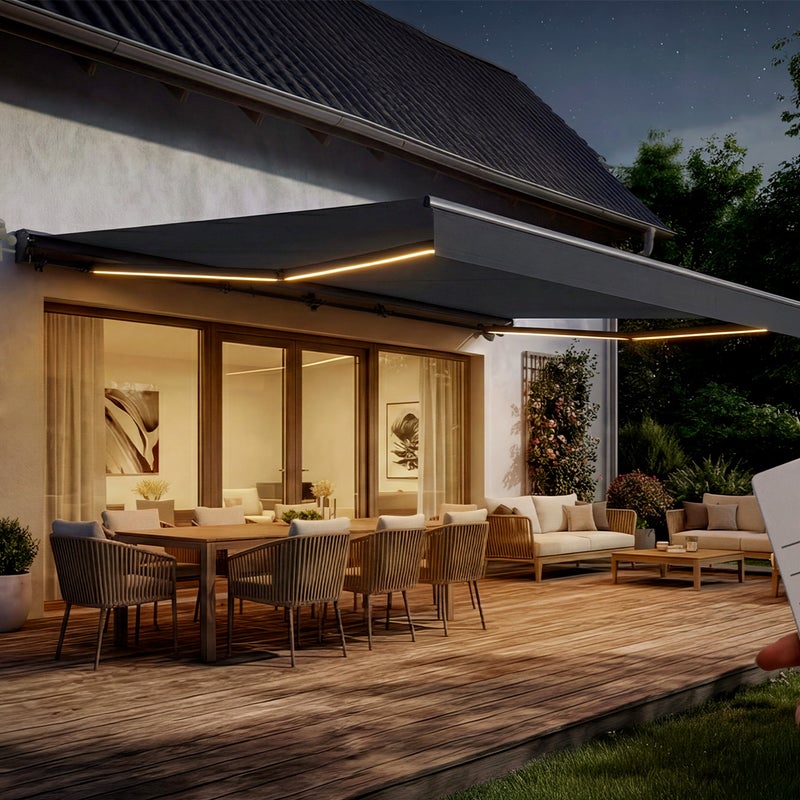 Markiza LED FAZZIO 5x3m półkasetowa z napędem silnikowym, szara, tkanina w kolorze szarym