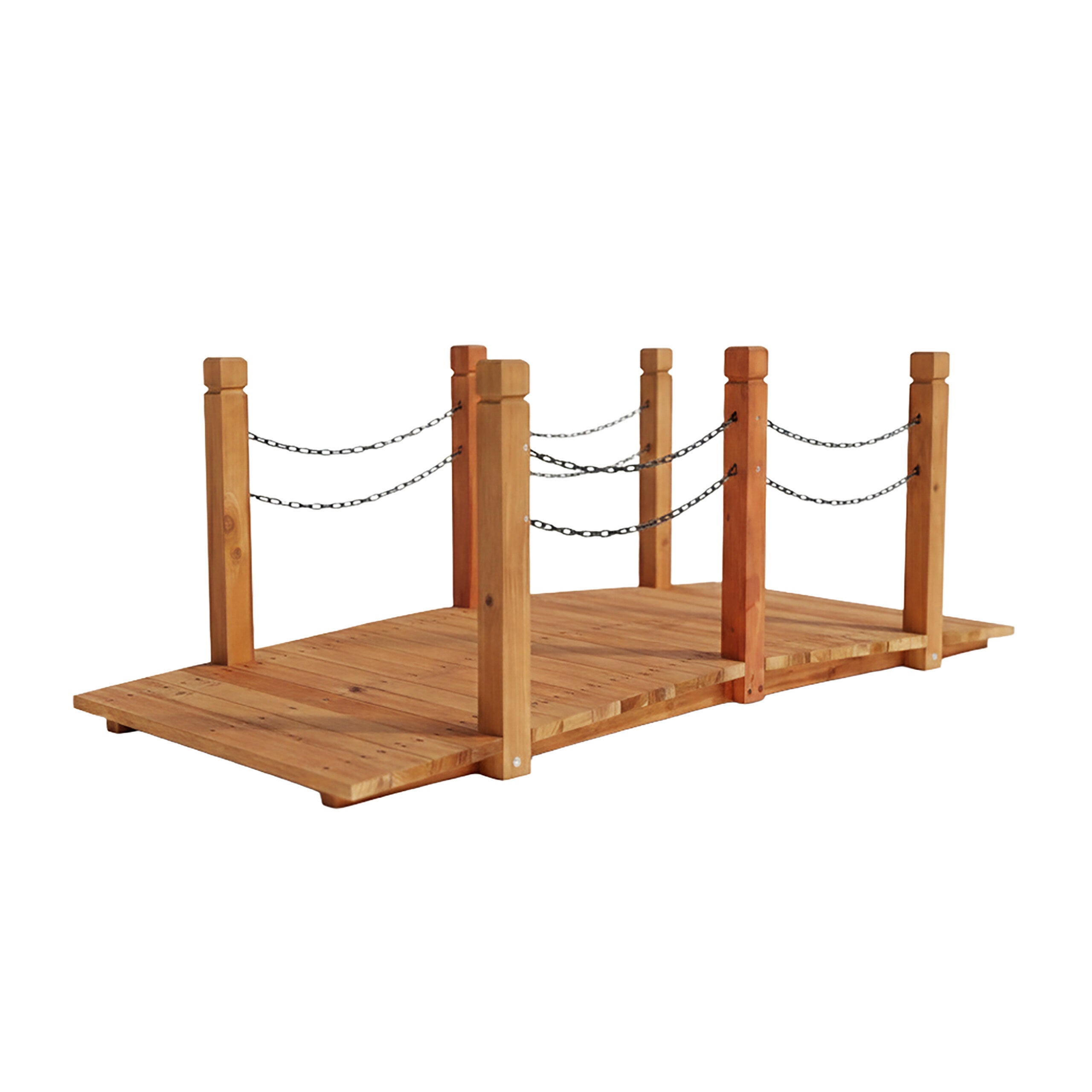 Puente de jardín de madera de abeto con postes y cadenas para estanque, 55 x 150 x 67 cm, naranja, relaxdays
