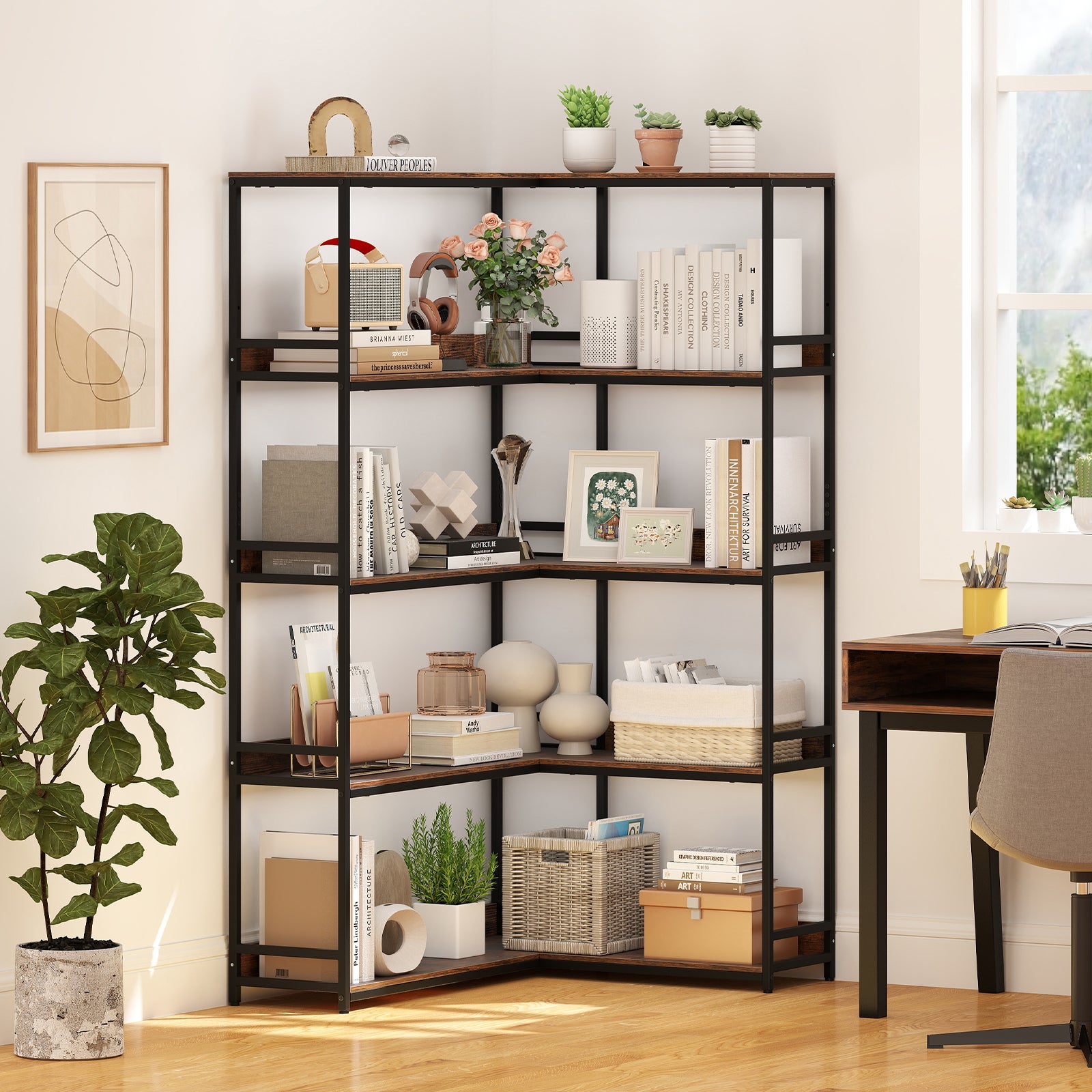 5-poziomowa biblioteczka narożna w kształcie litery L, półka 110 x 89 x 180 cm z metalową ramą, styl industrialny, do salonu, biura, brązowa - 9