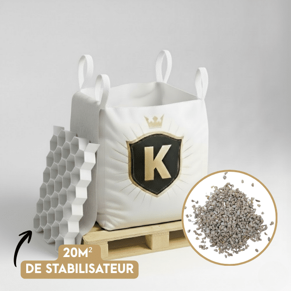 KIT Graviers blanc + dalles stabilisatrices = 1 Big Bag gravillons 6/10 1,5T [environ 20m2] + 20m2 dalles stabilisatrices blanches - Livraison PREMIUM