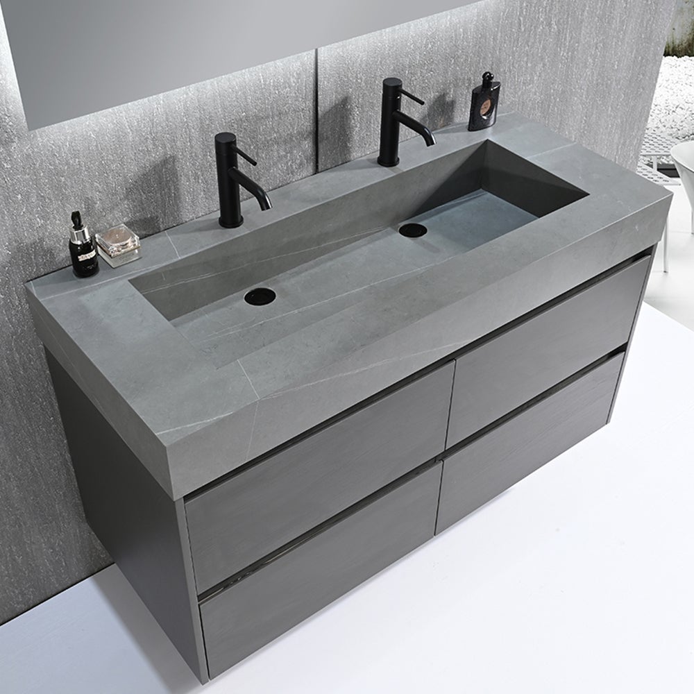Meuble salle de bain double vasque 120cm gris et effet marbre gris avec miroir LED LB-8476G-120 - 3
