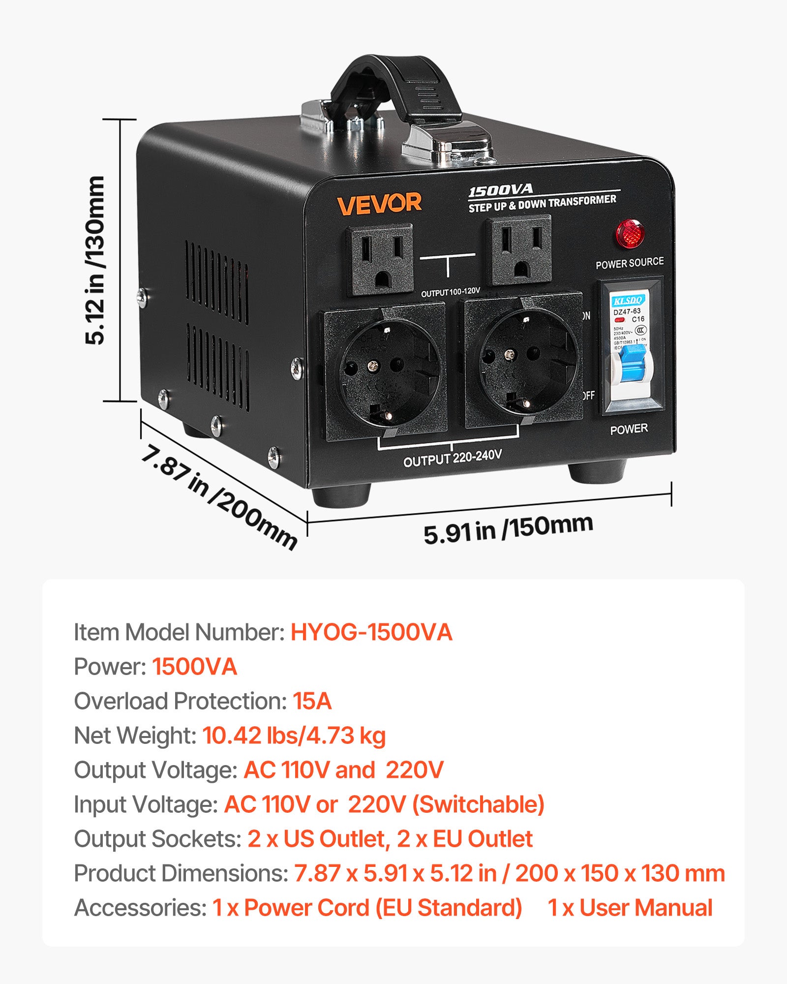 Transformador VEVOR 220V para 110V e 110V para 220V 1500VA com fichas EUA e UE, cabo de alimentação, proteção de disjuntor - 7