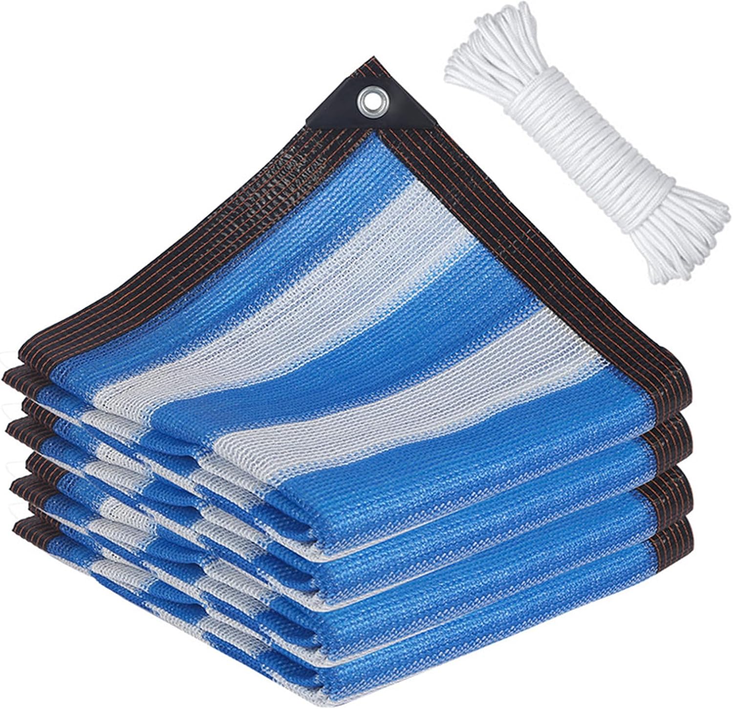 Siatka zacieniająca, siatka zacieniająca ogrodowa z przelotkami (niebieskie i białe paski, 3 x 3 m) z liną 4 m