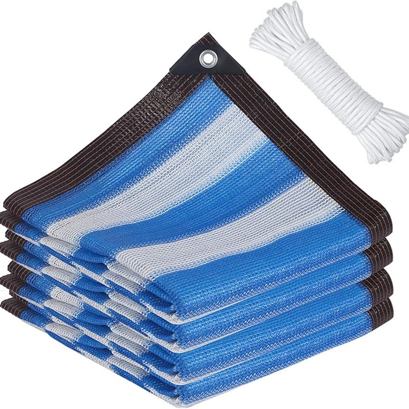 Siatka zacieniająca, siatka zacieniająca ogrodowa z przelotkami (niebieskie i białe paski, 3 x 3 m) z liną 4 m