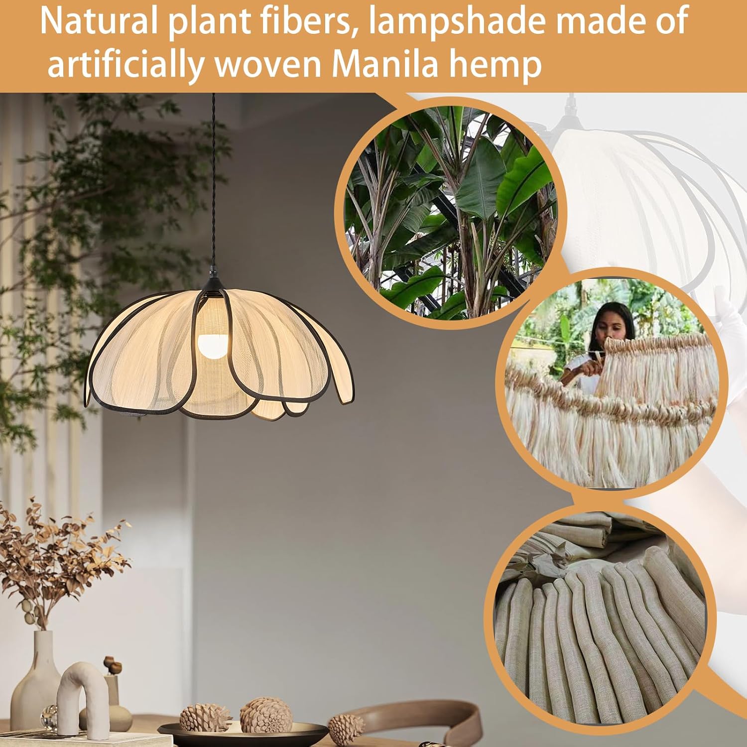 Lustre bohème, suspension en abaca tressée à la main, grand luminaire suspendu pour couloir, entrée, îlot de cuisine, salle à manger, chambre, 50 cm - 6