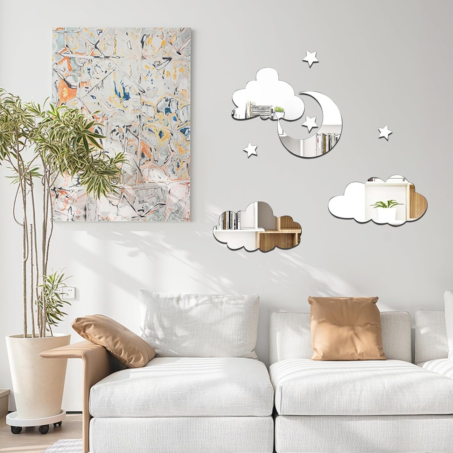Nuage Lune Argent, 8 Pièces Miroir Sticker Mural Décoratif Acrylique Adhésif Amovable Sticker Mural DIY Décoration Convient pour la Décoration