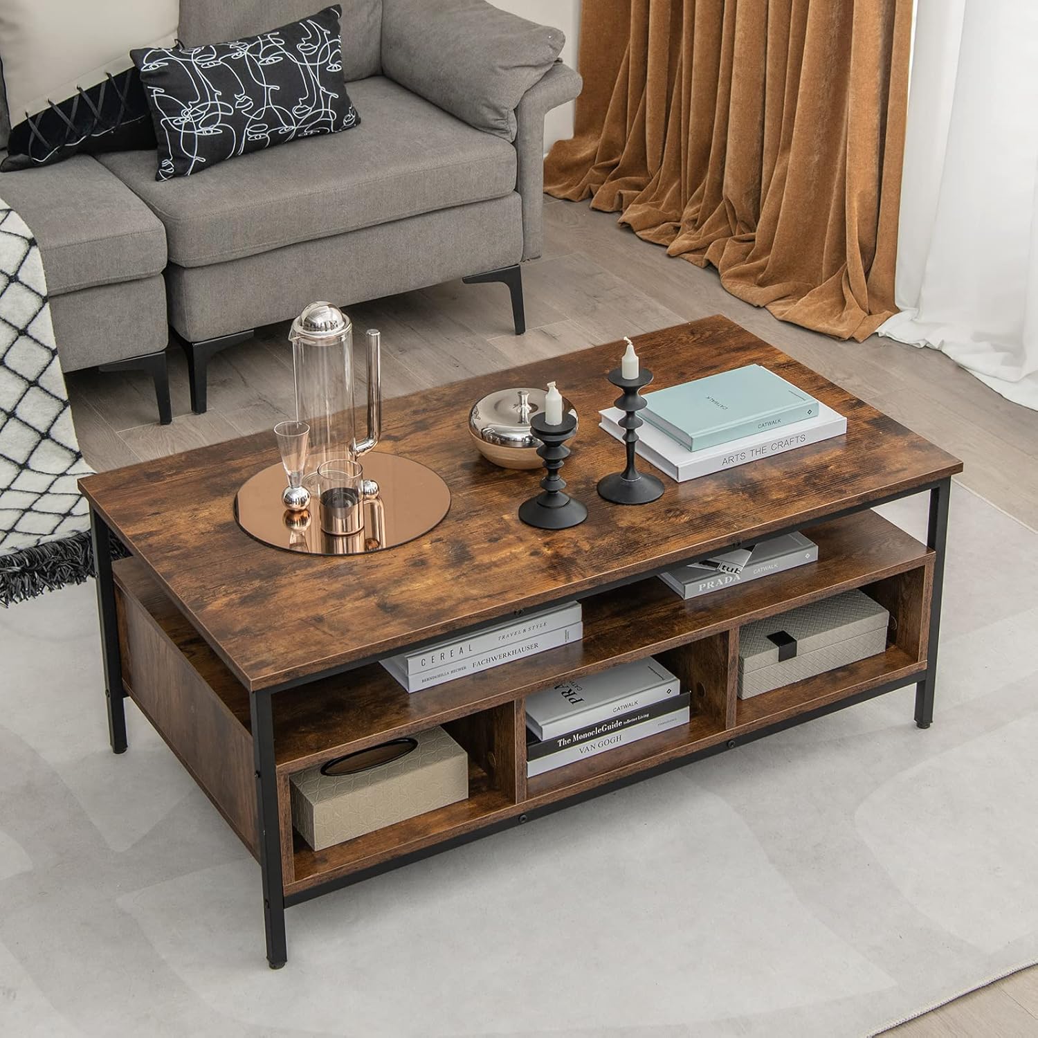 Prostokątny Stolik Kawowy w Stylu Industrialnym z 3 Poziomami, Stolik Kawowy do Salonu z Bardzo Dużymi Regałami z Drewna MDF, 110x60x45cm, Rustykalny