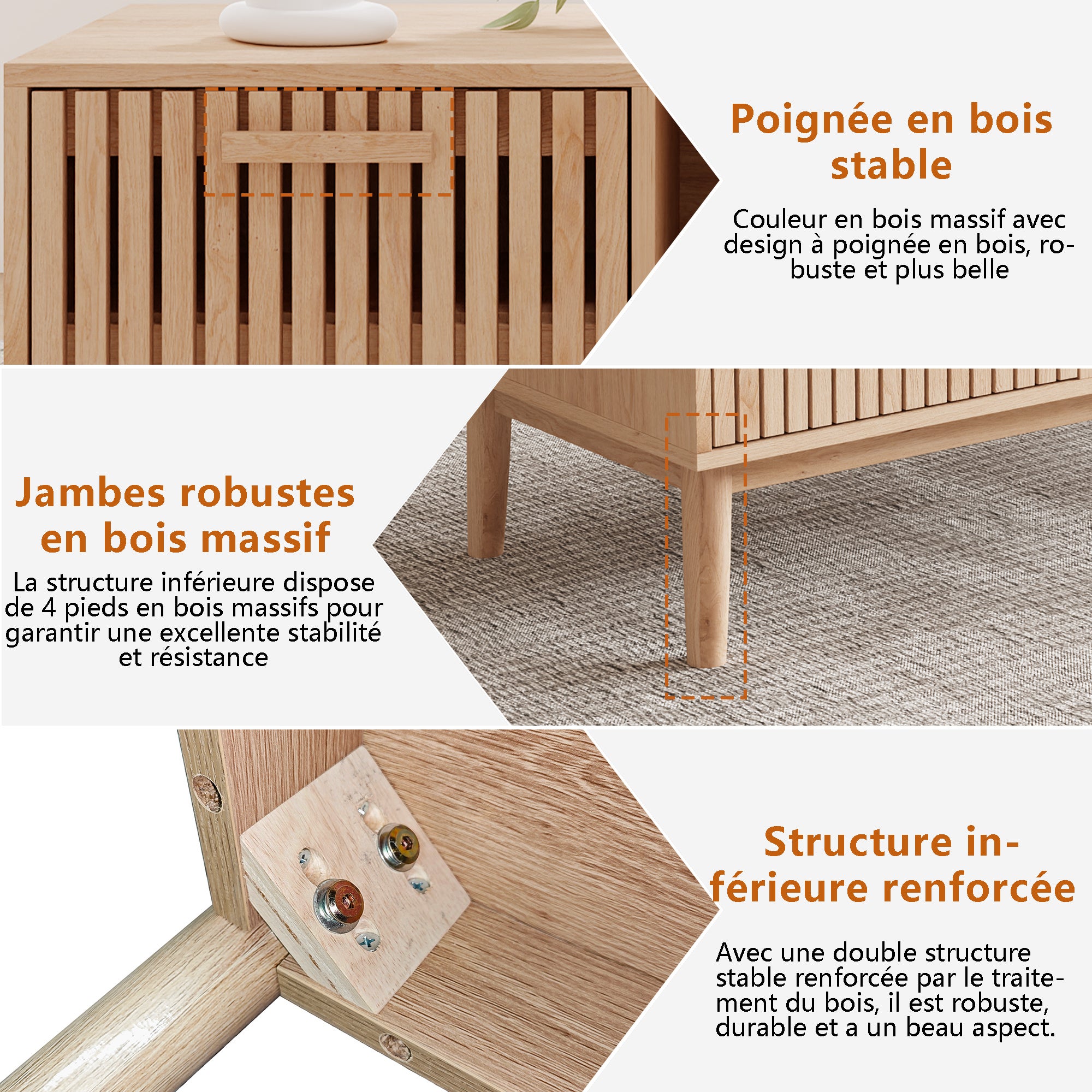 Table basse rectangulaire avec 1 tiroirs, finition bois, Antidérapant pieds en bois massif, poignées, L.100 x l.50 x H.43 cm, couleur bois naturel - 5