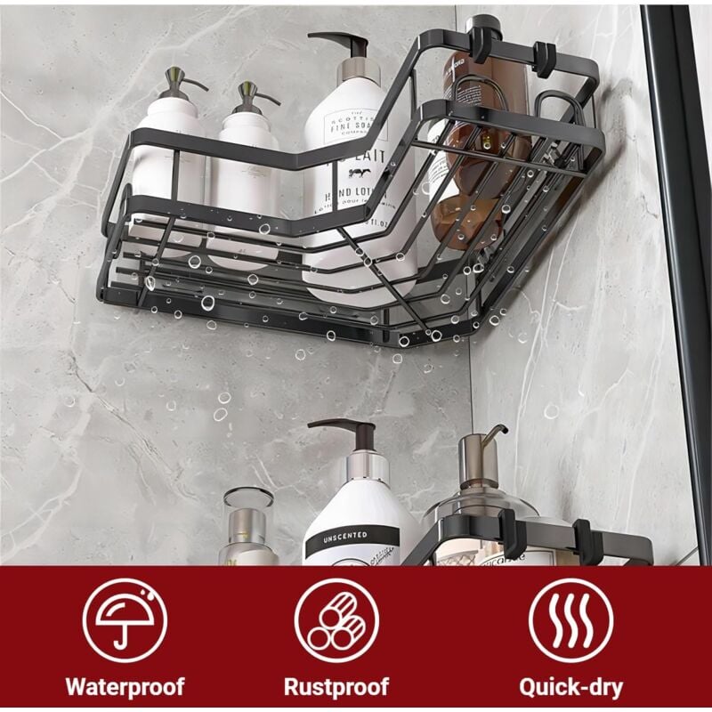 Lot de 2 etagère Douche Etagere Salle de Bain Angle Etagere sans Percage Acier Inoxy avec1porte-dentifrice 8 Crochets et 6 Adhésifs - 5