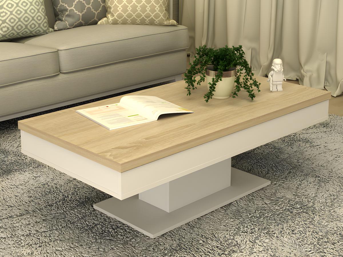 Table basse ASTULIA - avec rangements - Blanc - Plateau effet chêne - 7