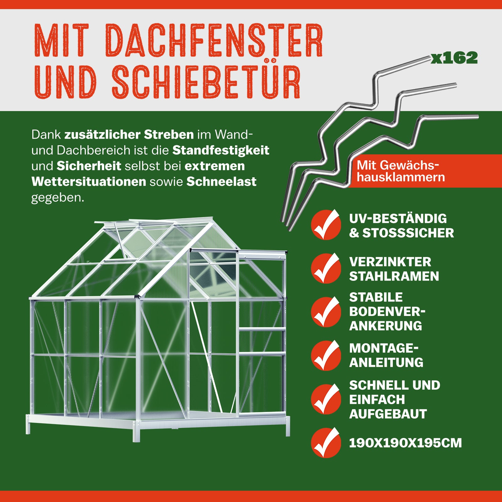 Serre de jardin aluminium 3,7m² avec fondation 190x190x195cm fenêtre de toit serre légumes herbes plantes 5,85m³ jardinage - 6